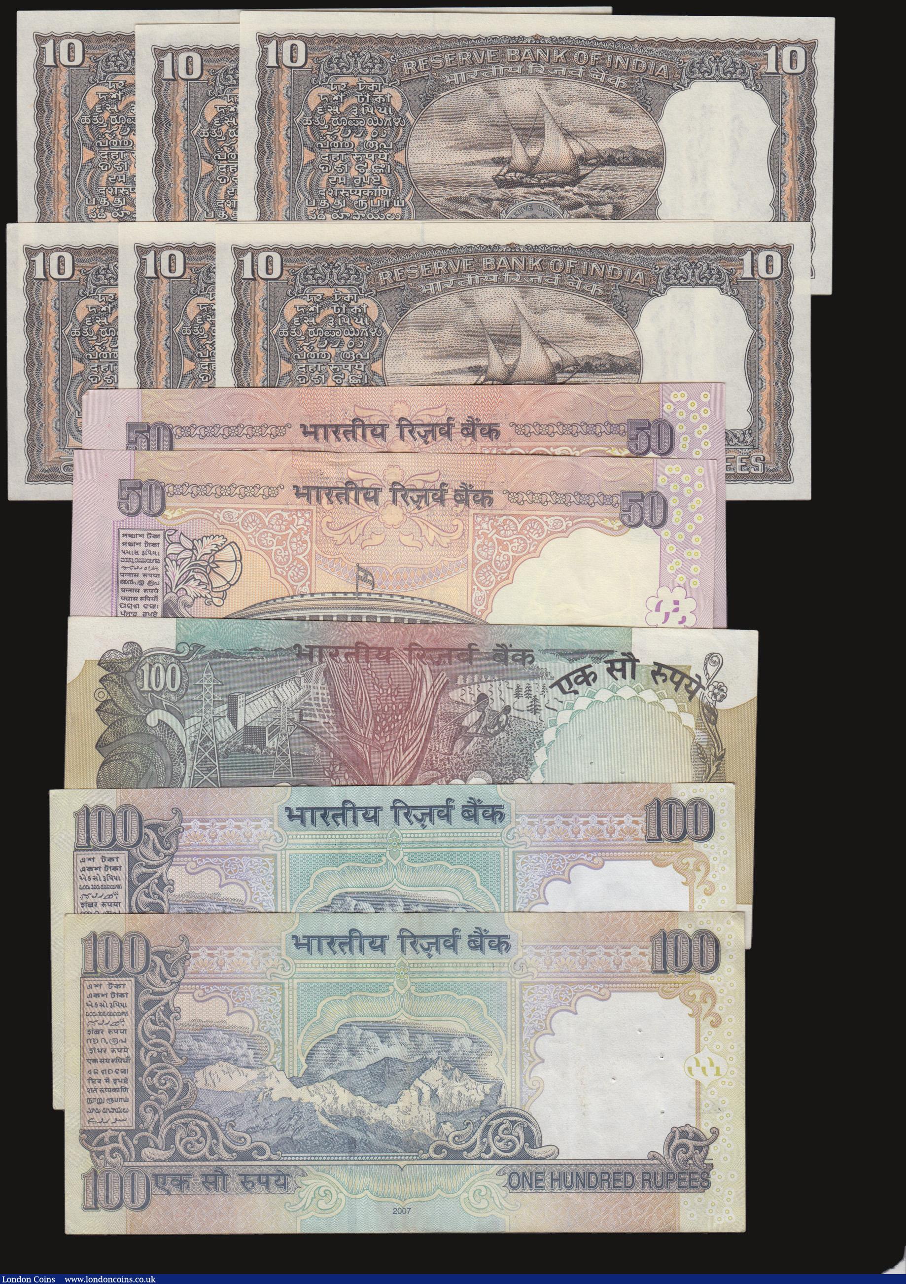 London Coins : A172 : Lot 113 : India (11) 100 Rupees (3) 1979 issue Pick 86, signature 86d, EF with staple holes, 2007 issue,  sign...