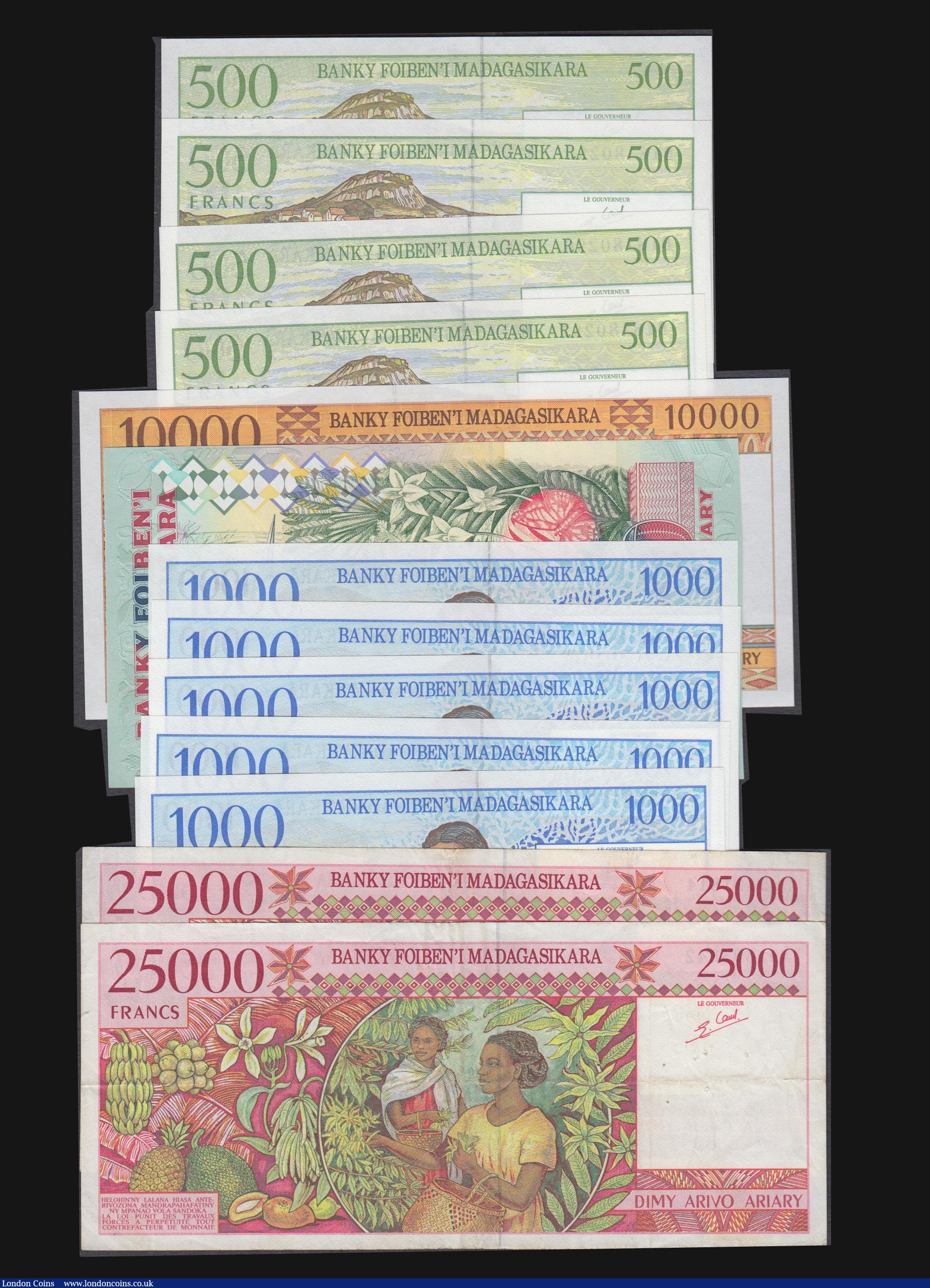 London Coins : A172 : Lot 137 : Madagascar (13) 25000 Francs 1998 Pick 82 (2) both Good Fine with pinholes, 10000 Francs 1995 issue ...