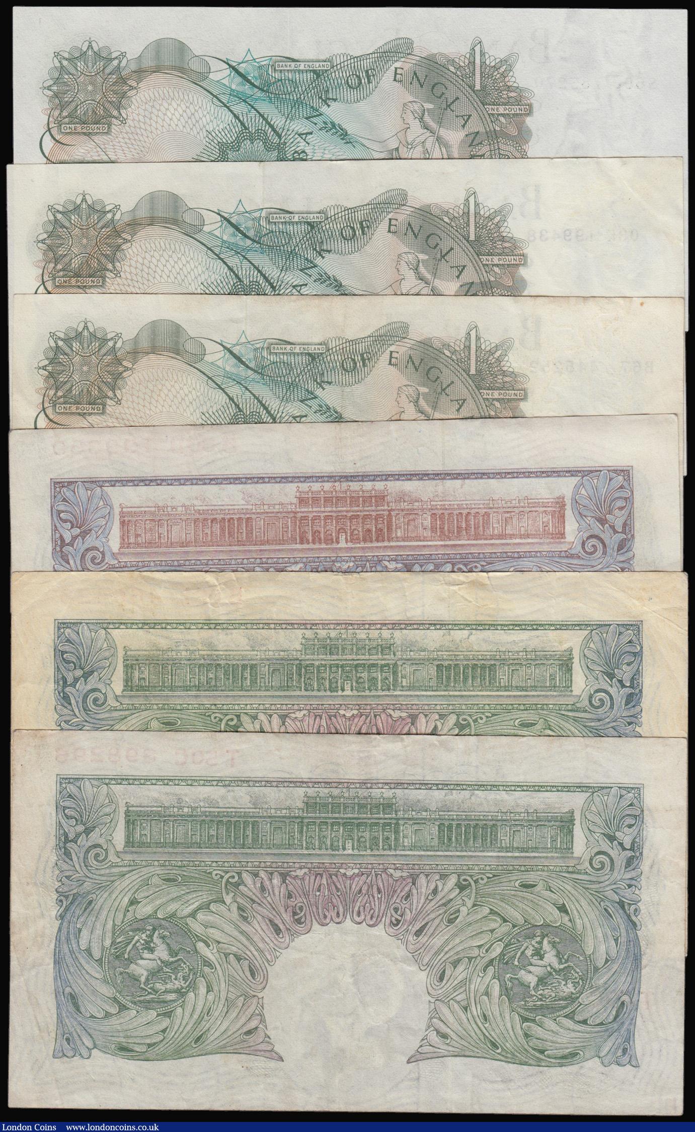 London Coins : A172 : Lot 24 : One Pounds (6) Peppiatt Blue Shade B249 B80D prefix VF, Beale B268 1950 issue T50C prefix VF, O'...