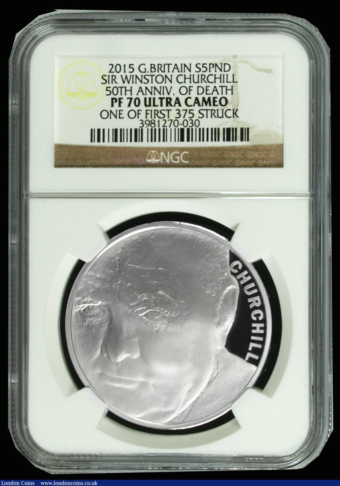 London Coins : A172 : Lot 268 : Five Pounds 2015 Winston Churchill Silver Proof FDC and graded PF70 ULTRA CAMEO by NGC and in their ...