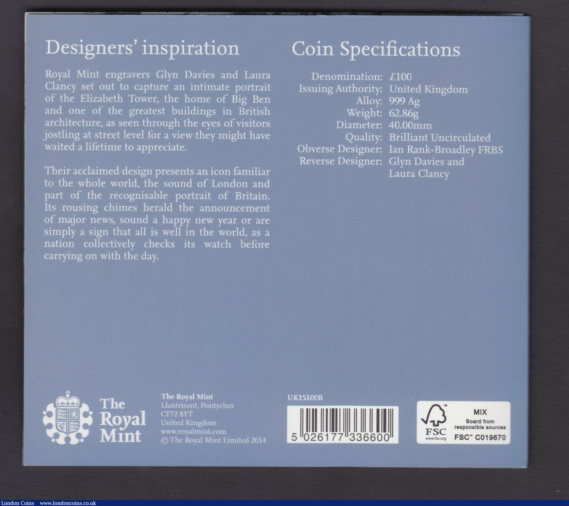 London Coins : A172 : Lot 280 : One Hundred Pounds 2015 Big Ben Silver BU on the Royal Mint card of issue 62.86 grammes of .999 silv...