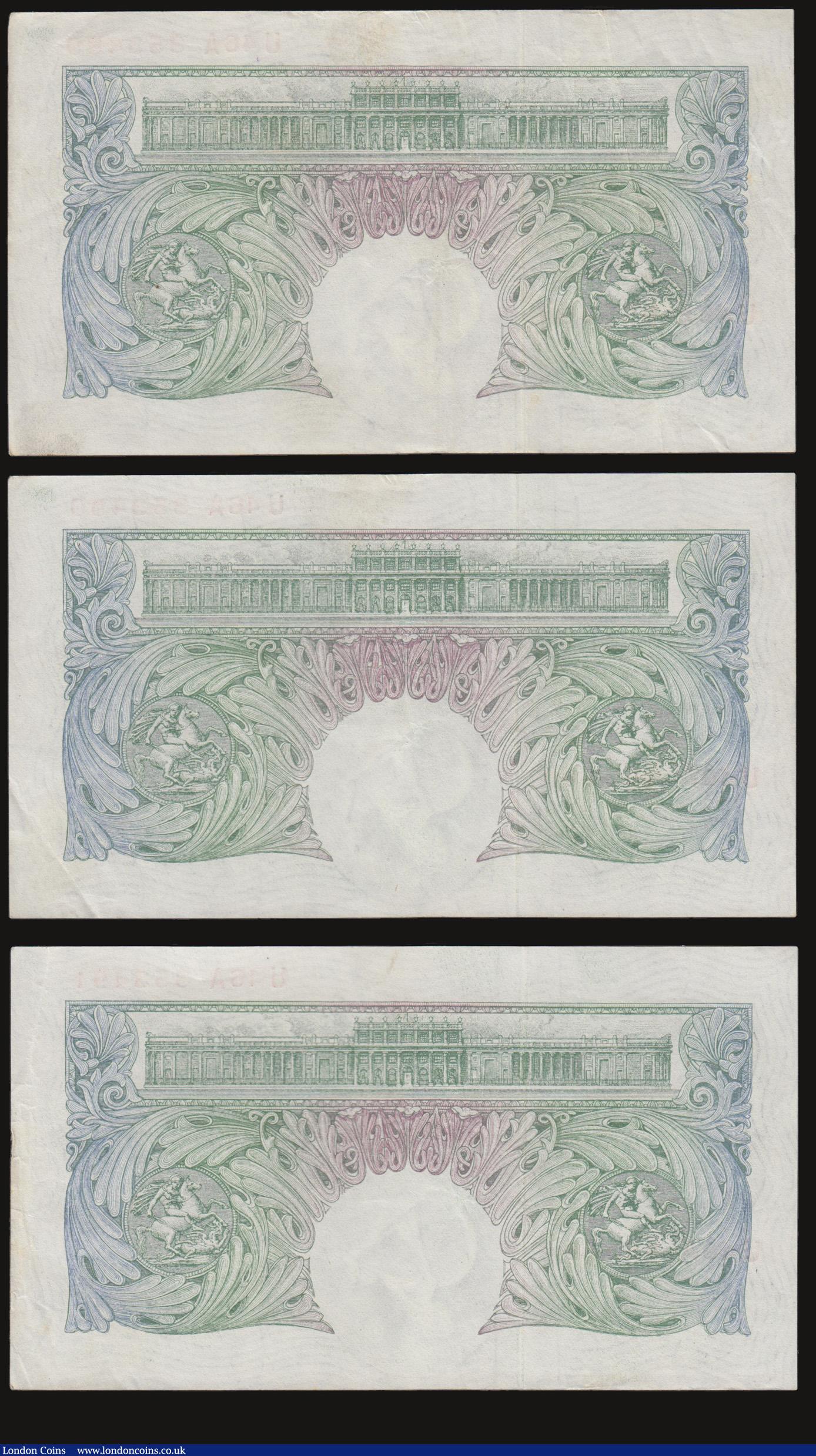 London Coins : A172 : Lot 29 : One Pound Green Peppiatt Fourth Period, B260 Threaded issue 1948, (3) consecutive numbers prefix U46...