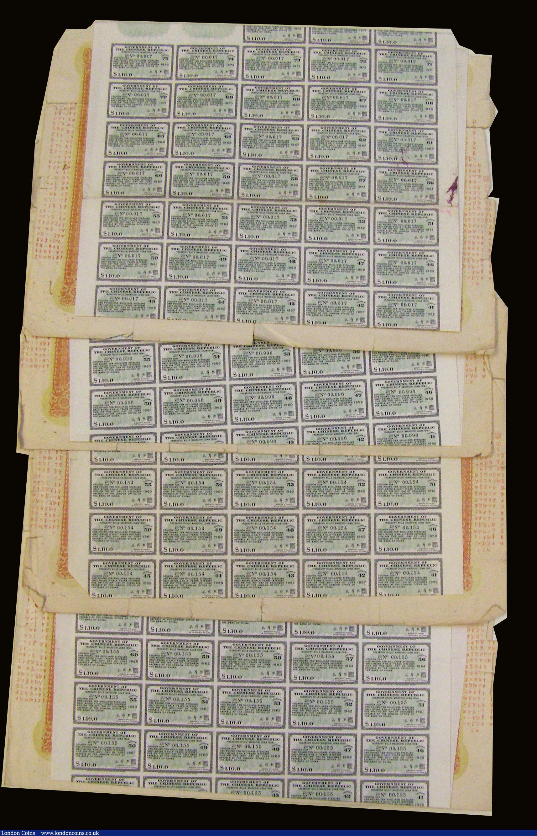 London Coins : A172 : Lot 3 : China, 1918, 8% Treasury "Marconi" Bill, bonds for £100 (4), red & yellow, with ...