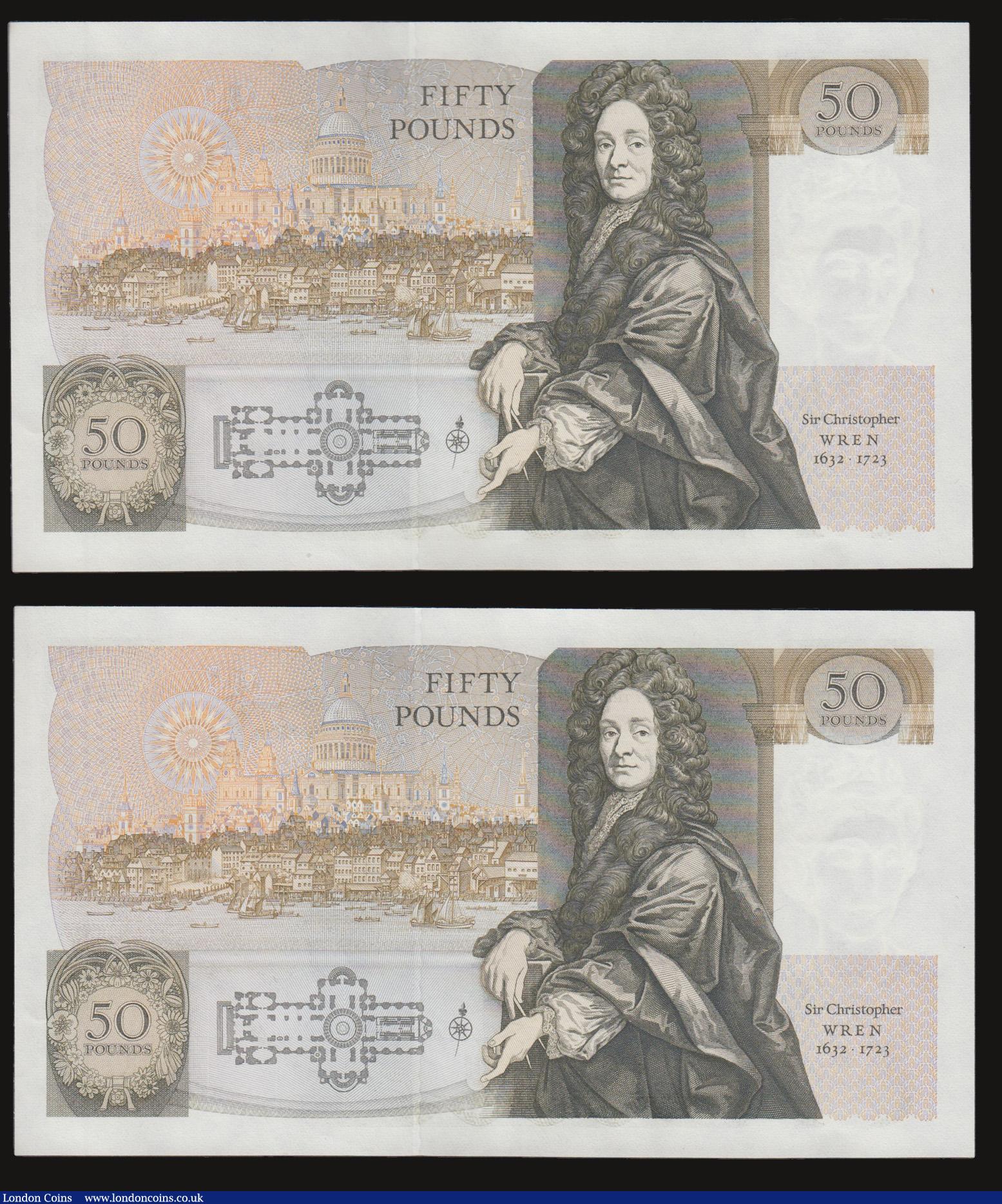 London Coins : A172 : Lot 37 : Fifty pounds Somerset B352 issued 1981 (2 consecutives) series B10 323115 and 116, Christopher Wren ...