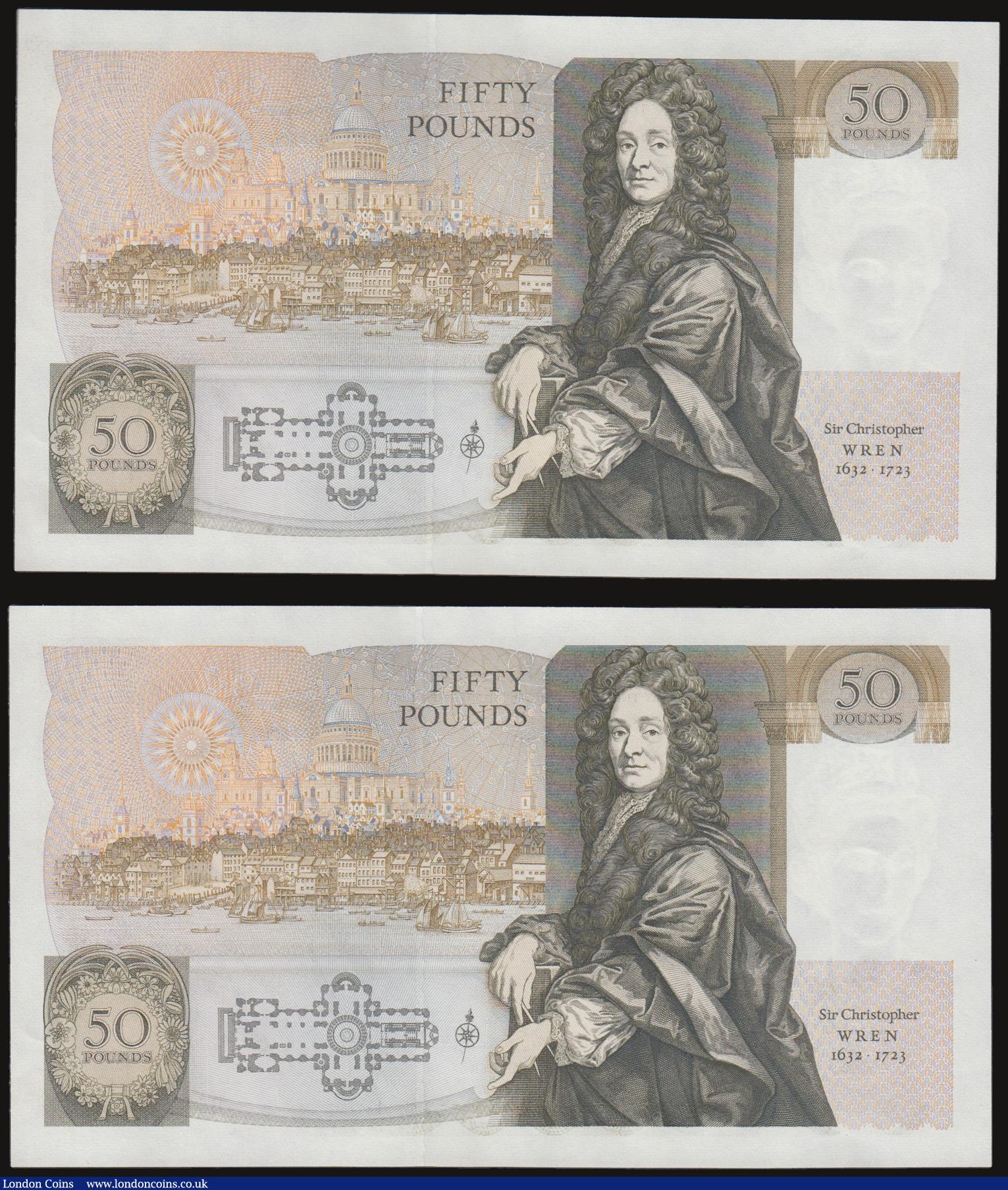 London Coins : A172 : Lot 40 : Fifty pounds Somerset B352 issued 1981 (2 consecutives) series B10 323121 and 122, Christopher Wren ...