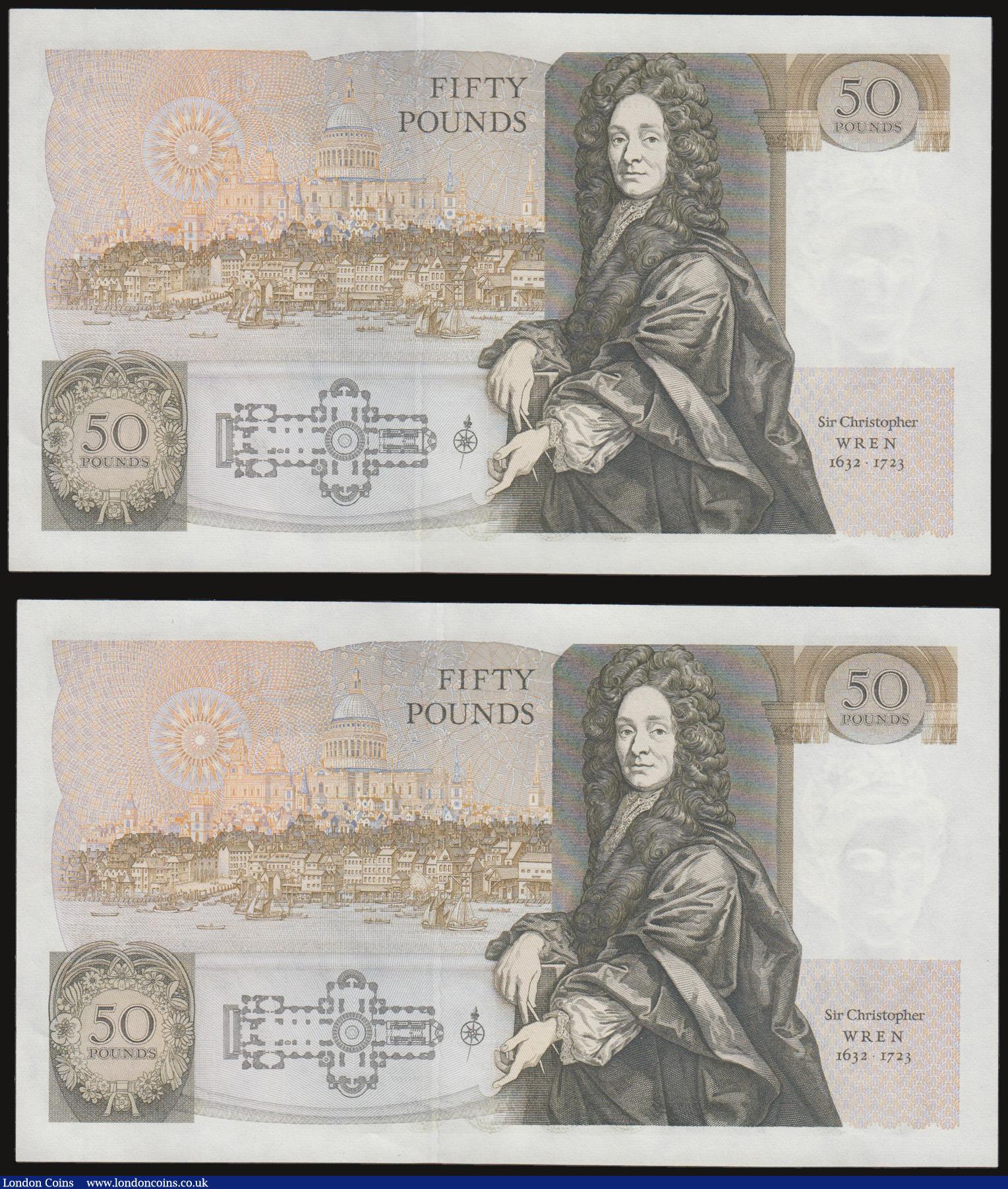 London Coins : A172 : Lot 41 : Fifty pounds Somerset B352 issued 1981 (2 consecutives) series B10 323123 and 124, Christopher Wren ...