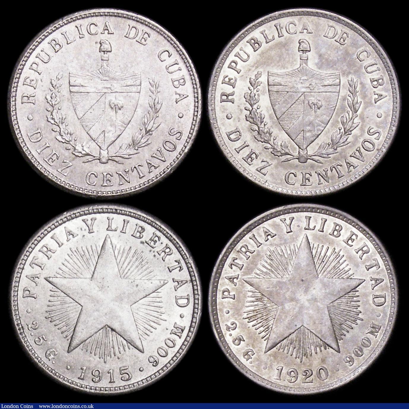 London Coins : A172 : Lot 547 : Cuba (3) 20 Centavos 1920 KM#13.2 UNC or very near so with touches of golden toning, 10 Centavos (2)...