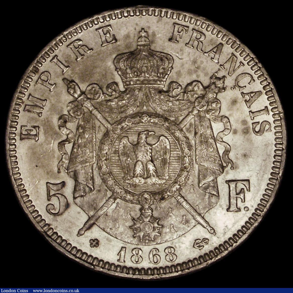London Coins : A172 : Lot 569 : France 5 Francs 1868A KM#799.1 GEF with some small rim nicks and small tone spots