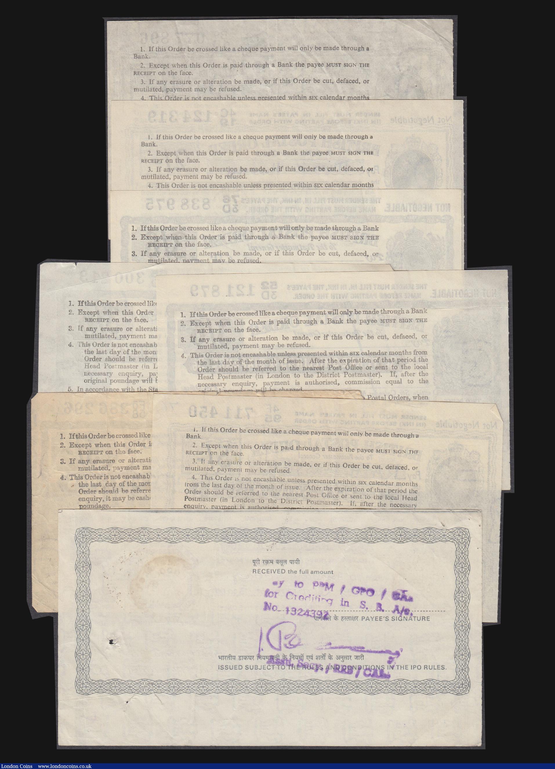 London Coins : A172 : Lot 59 : Postal Orders (9) GB (8) Five Shillings 1950 and 1962, Three Shillings and Sixpence (3) 1955, 1956 a...