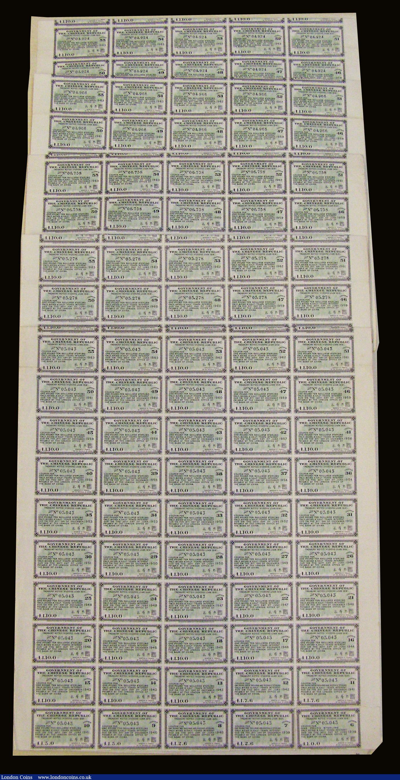 London Coins : A172 : Lot 6 : China, Chinese Government Vickers Loan 1919 £100 Green (5) Fine to Good Fine, two with staples...