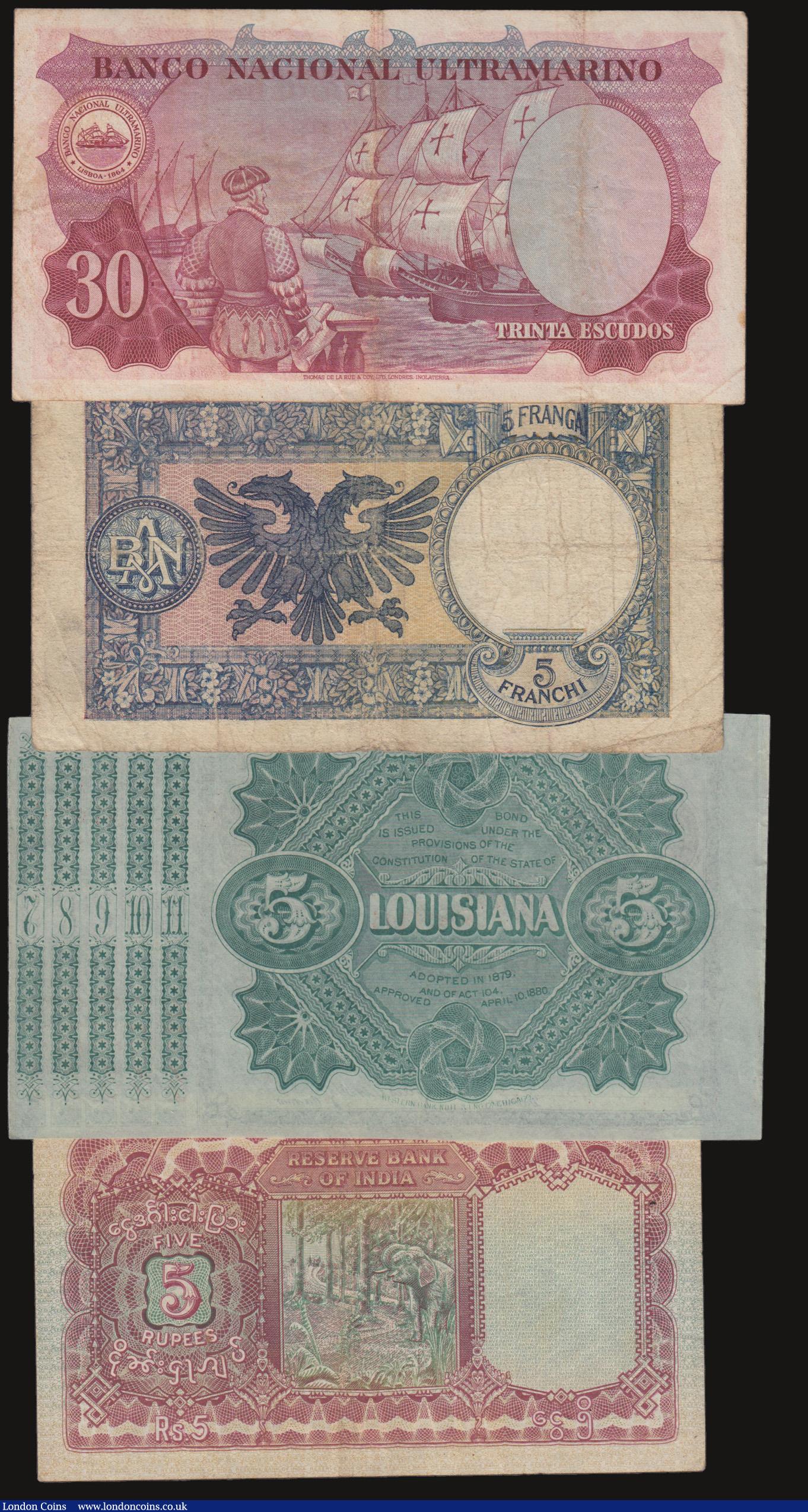 London Coins : A172 : Lot 61 : Albania 5 Franga ND (1939) Pick 6 Fine, Burma 5 Rupees ND (1945) signed Taylor P26a Fine,  Portugues...