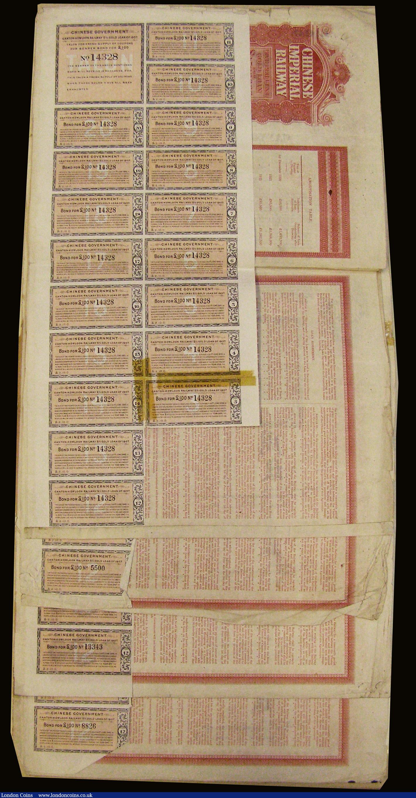 London Coins : A172 : Lot 7 : China, Chinese Imperial Railway, Canton-Kowloon Railway, bond for £100 (4) London 1907, ornate...