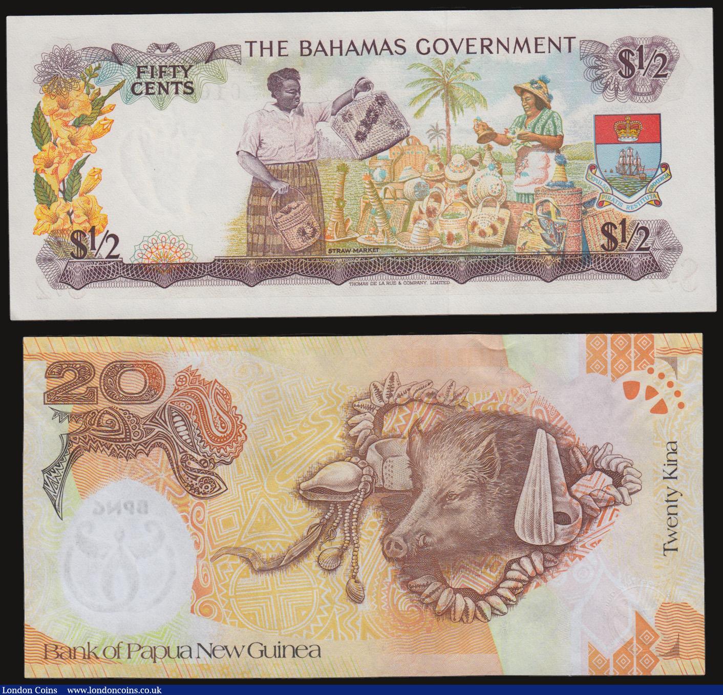 London Coins : A172 : Lot 71 : Bahamas $1/2 P17 2 signatures and Papua New Guinea 20 Kina 35th Anniversary Pick 36 both Unc