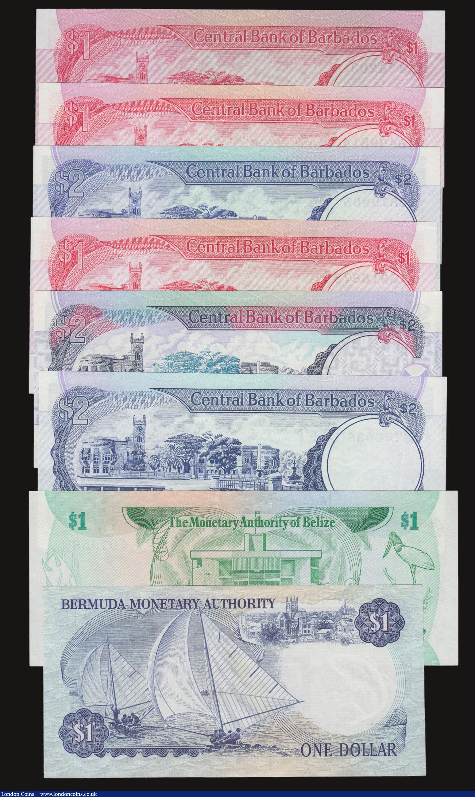 London Coins : A172 : Lot 73 : Barbados $1 1973 Pick 29 (3) $2 1980 Pick 30a ,1986 Pick 36 and 2000 Pick 54, Belize $1 1.6.1980 Pic...