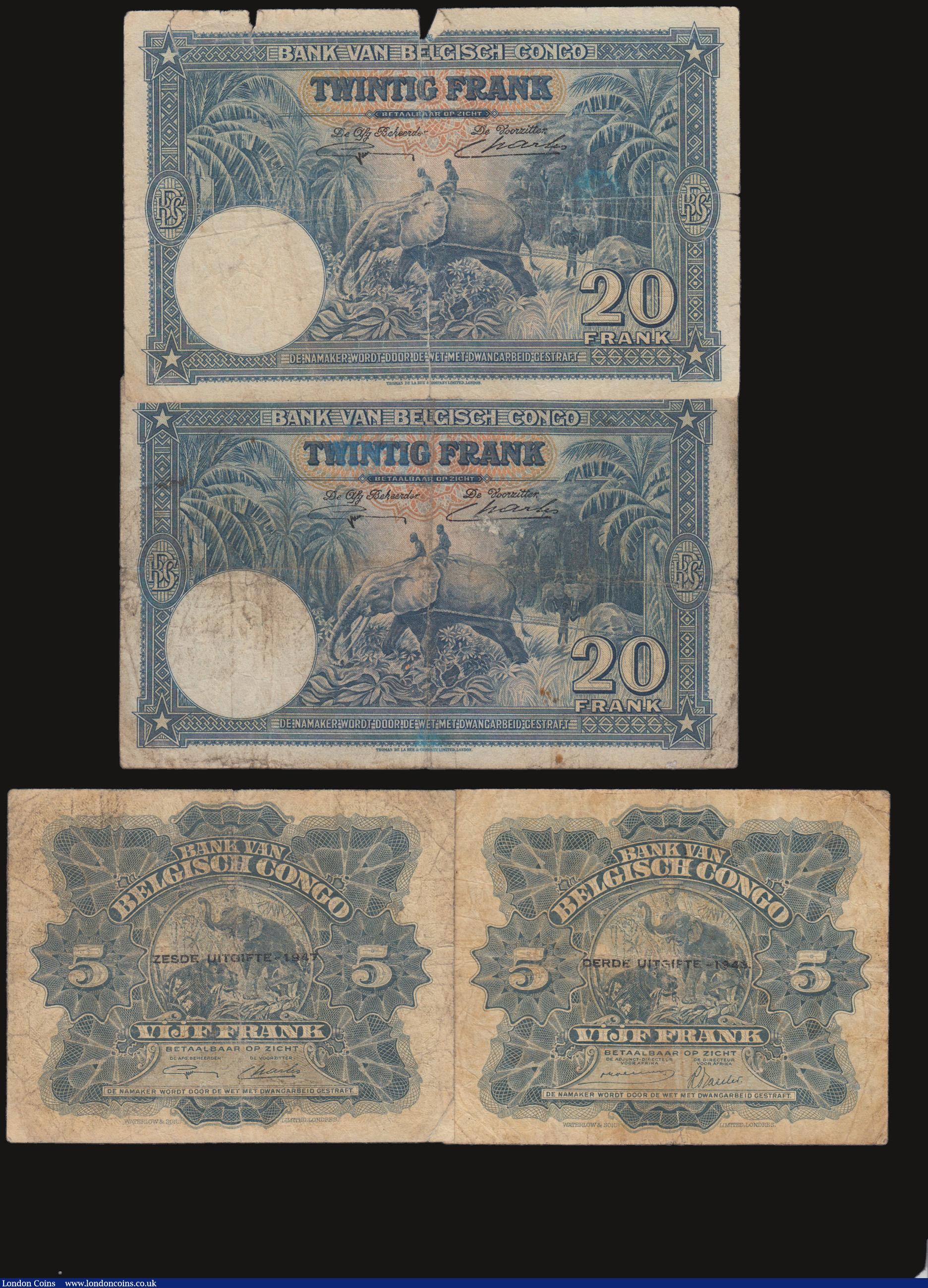 London Coins : A172 : Lot 75 : Belgian Congo (4) 5 Francs Pick 13a (2) 1943 and 1947, 20 Francs 10.9.40 Pick 15 (2) generally appro...