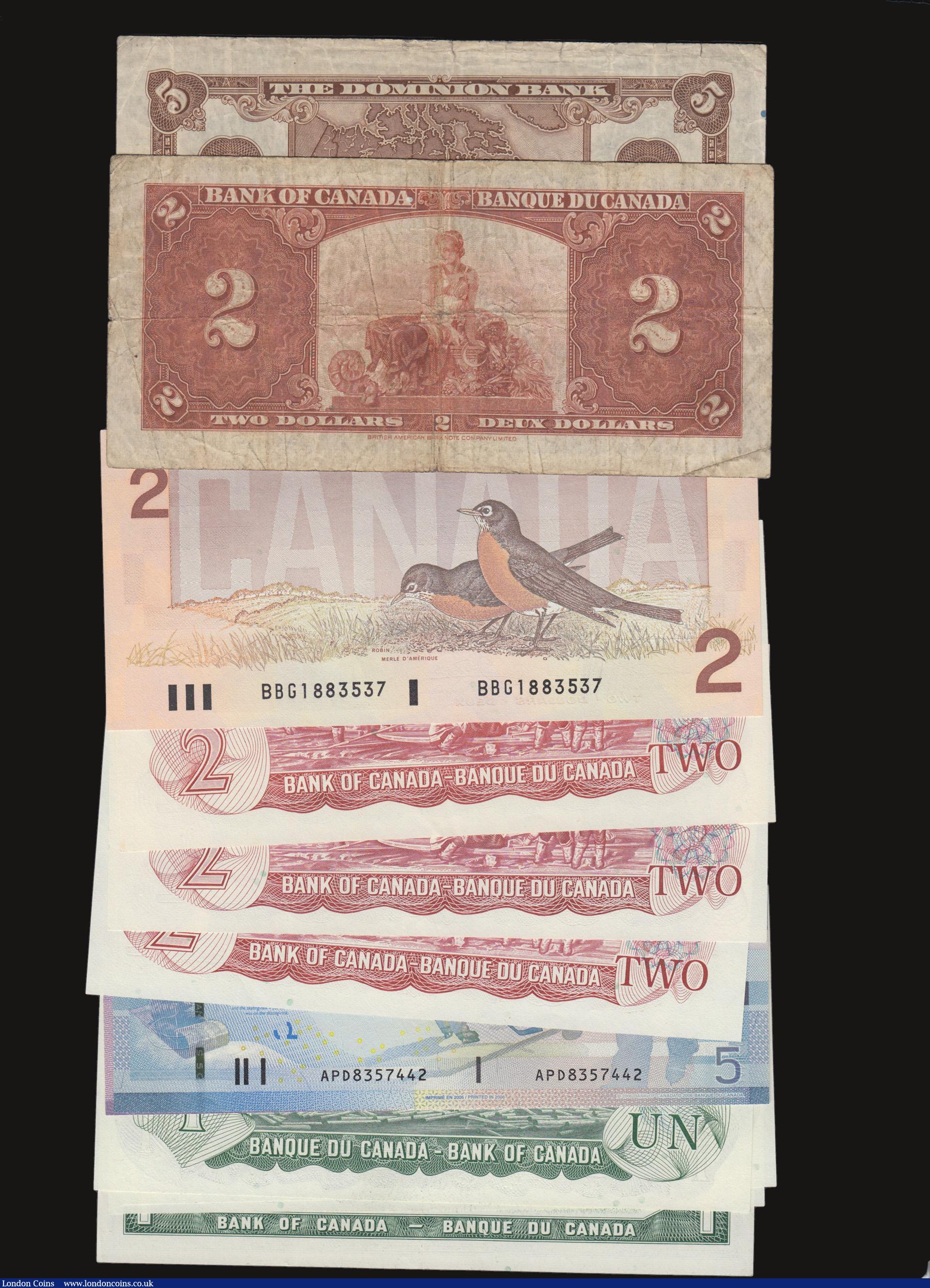 London Coins : A172 : Lot 78 : Canada (12) Dominion Bank $5 3rd Jan 1938 PS1036 VG, Bank of Canada $2 2nd Jan 1937 about Fine, Doll...