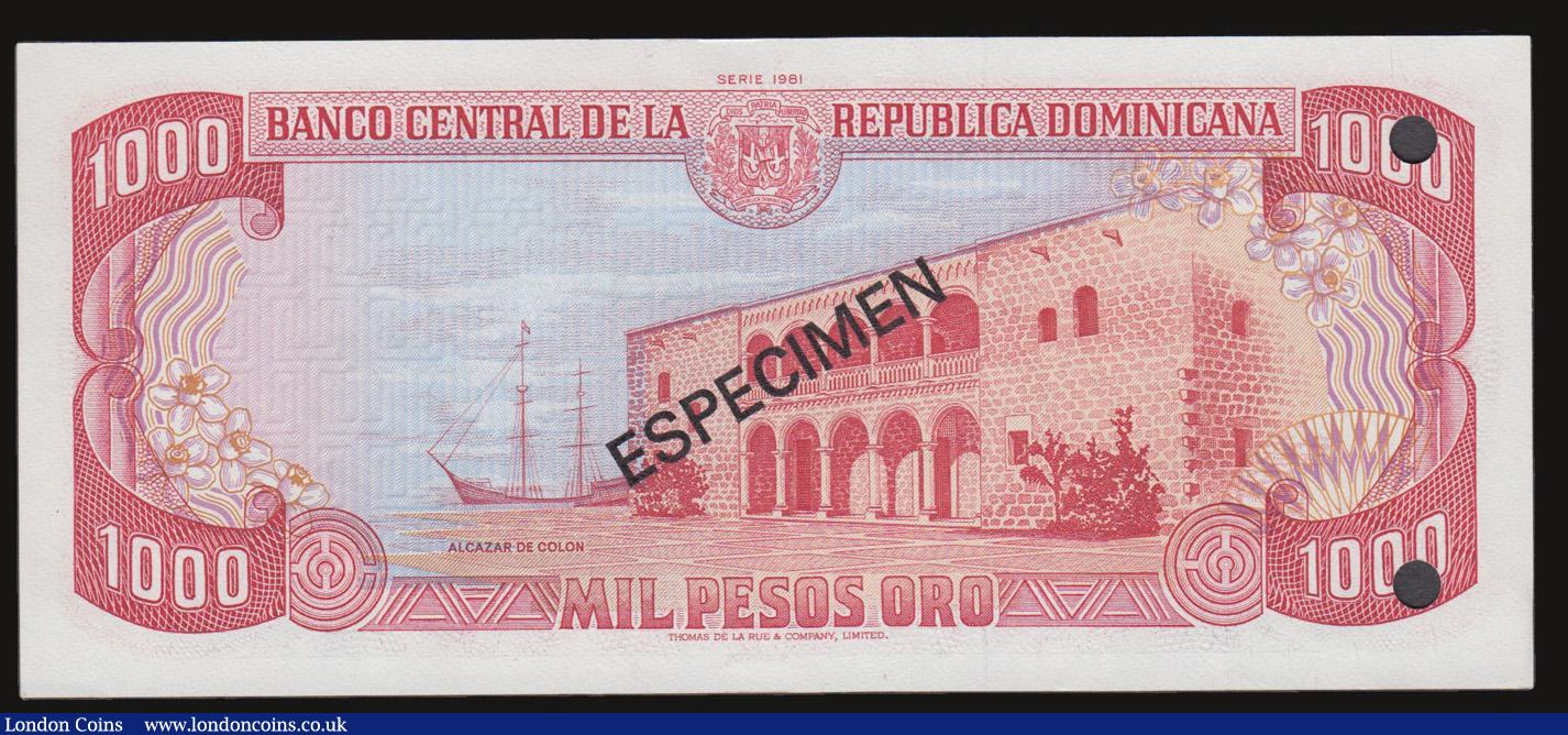 London Coins : A172 : Lot 85 : Dominican Republic 1000 Pesos Oro SPECIMEN issued 1981 series A000000A, Pick124s1, especimen overpri...