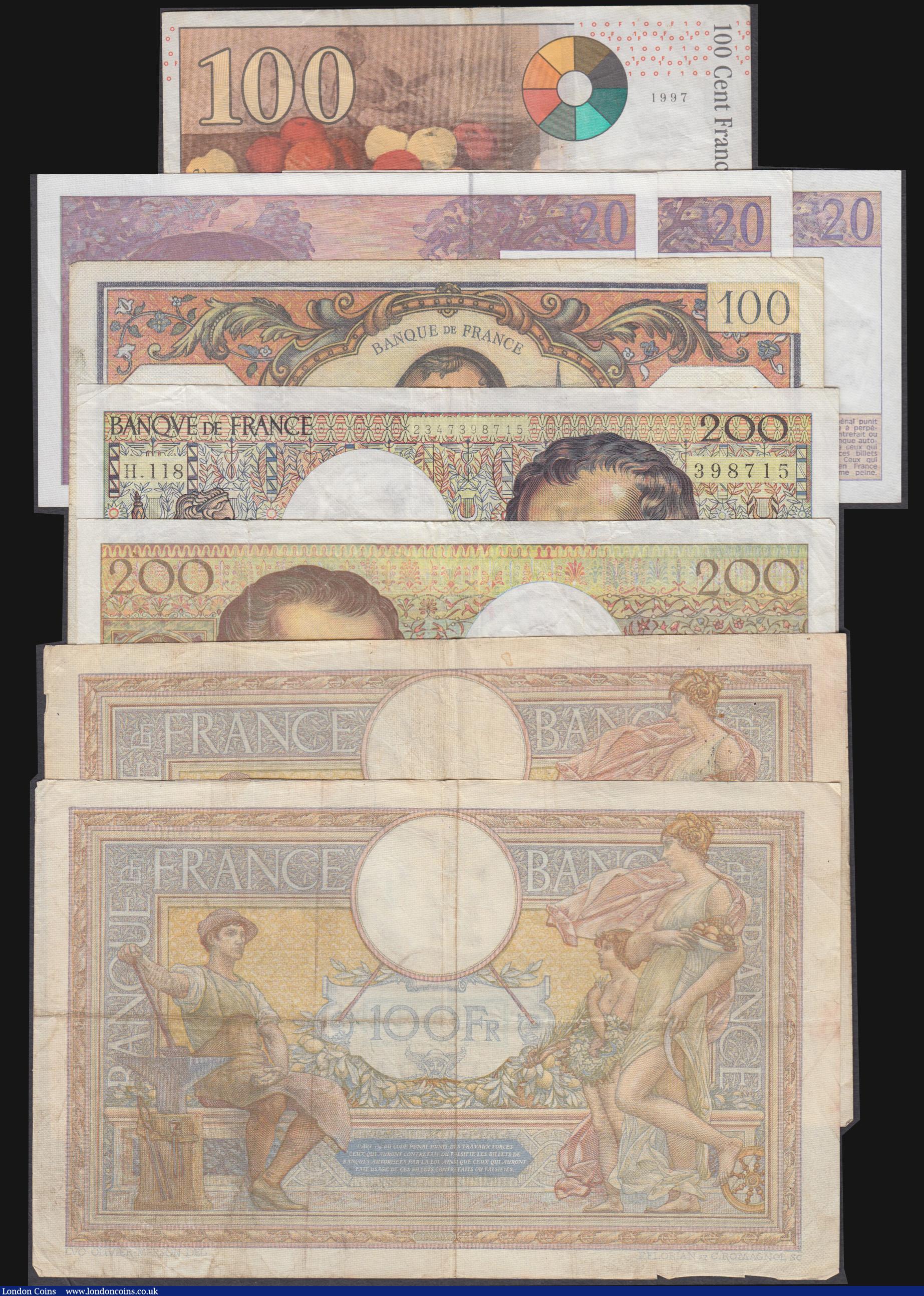 London Coins : A172 : Lot 91 : France (9) 200 Francs 1992 issue Pick 155e (2) both Near Fine, 100 Francs (4) 1937 Pick 86a VG with ...