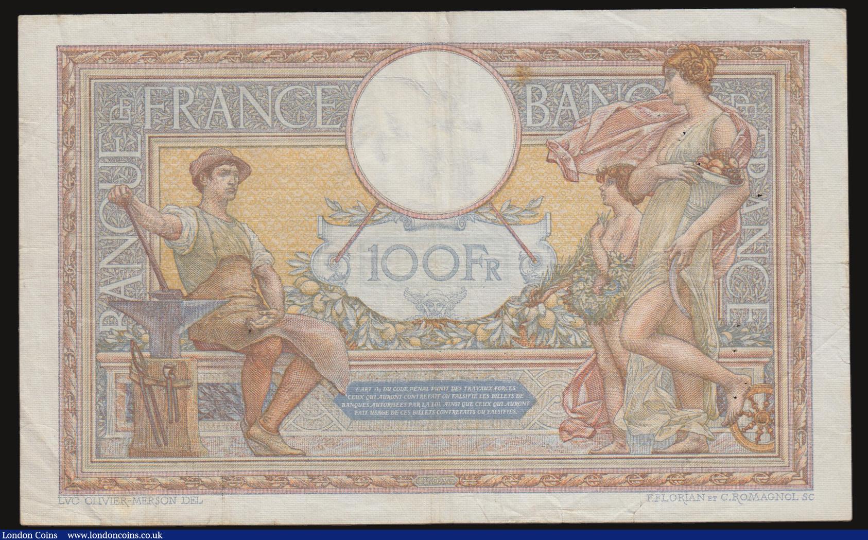 London Coins : A172 : Lot 92 : France 100 Francs 1923-1937 issue, dated 2-2-1933 Pick 78c Good Fine with some staple holes at the l...