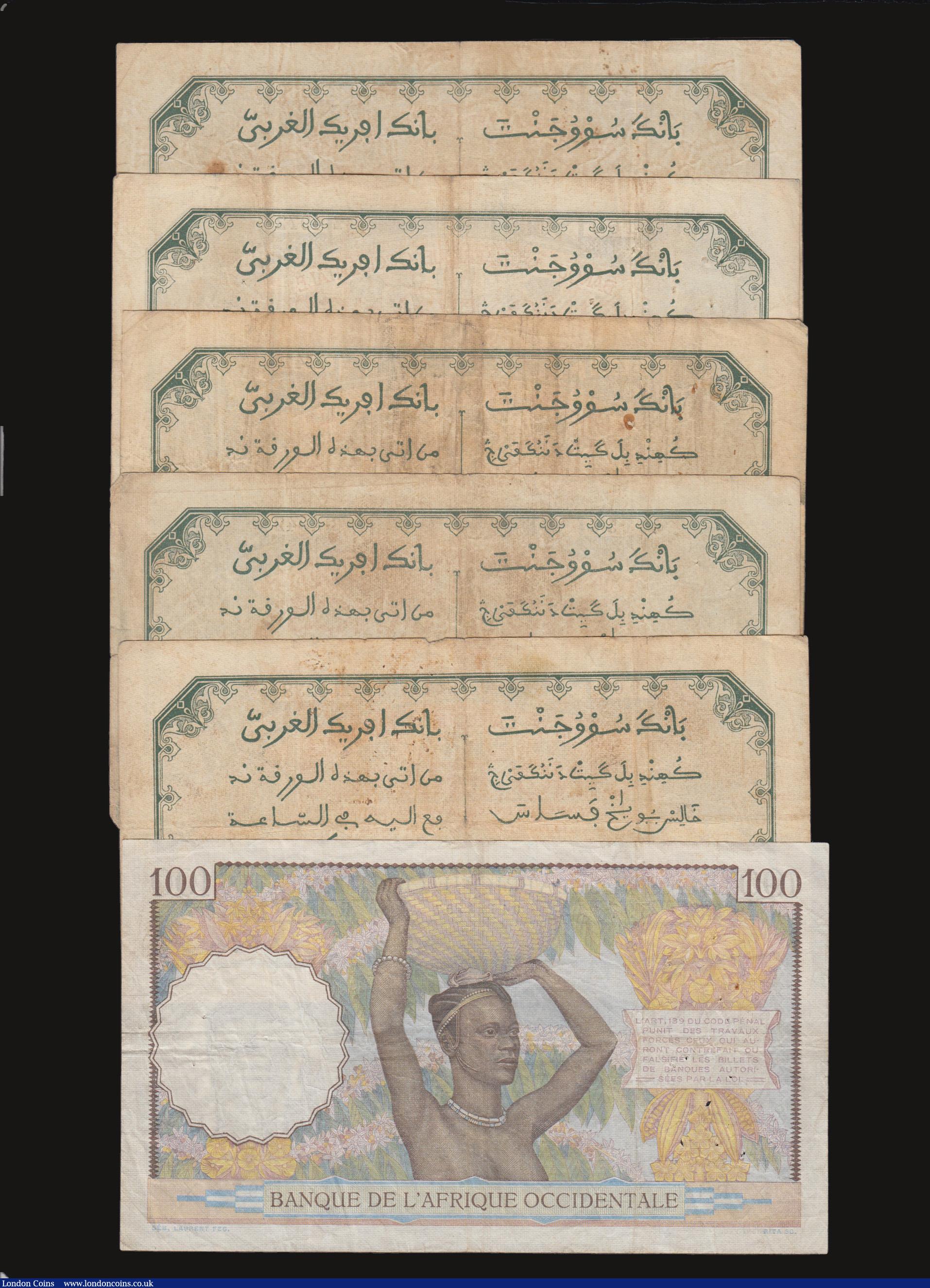 London Coins : A172 : Lot 96 : French West Africa (6) 100 Francs 1940 issue Pick 23 About Fine with some folds and staple holes, Fi...