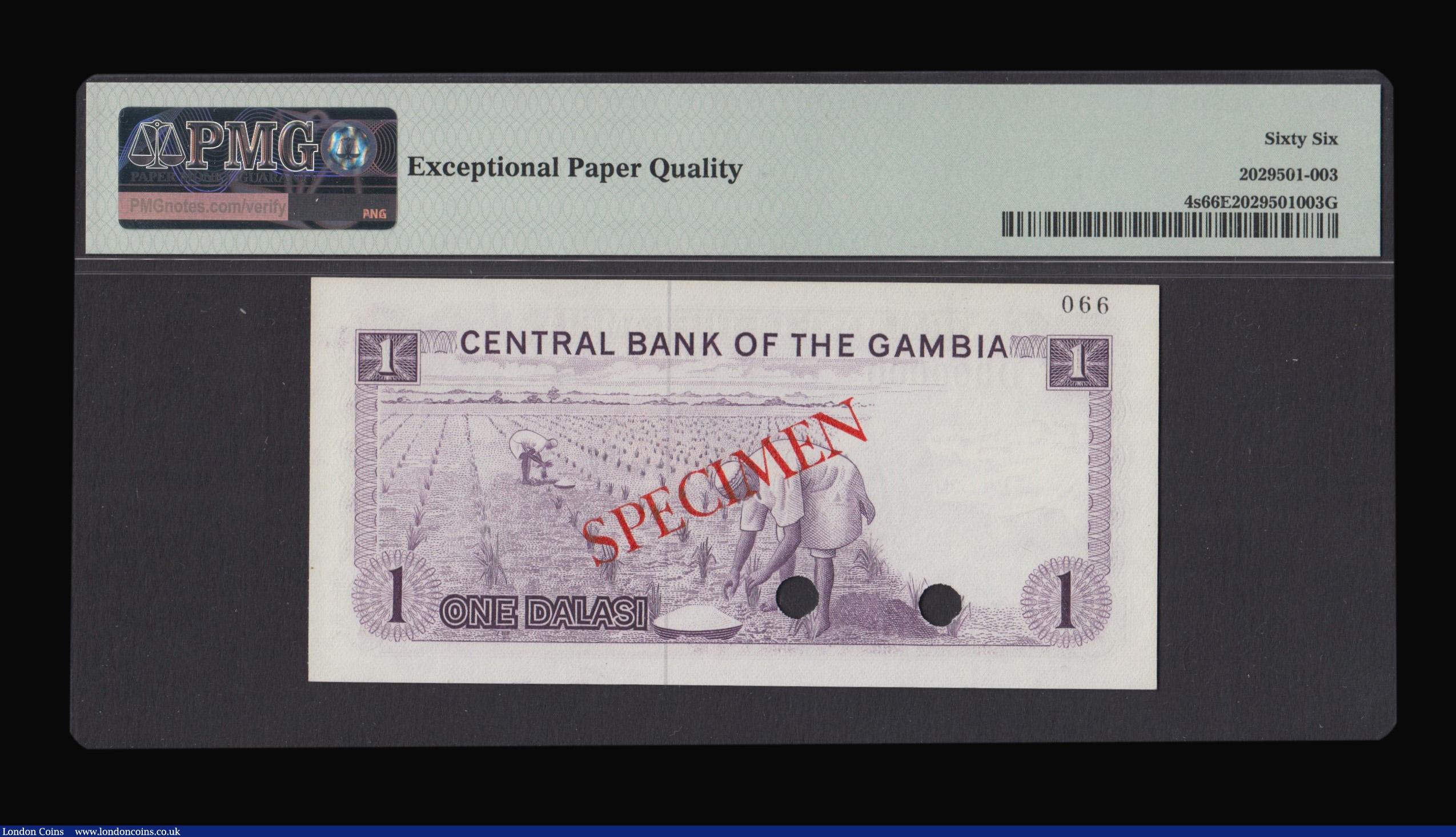 London Coins : A172 : Lot 98 : Gambia Central Bank One Dalasi Specimen D000000 066, undated (1971-1987 issue) Pick 4s punch hole ca...