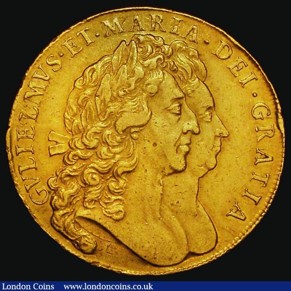 Five Guineas 1691 TERTIO edge S.3422 pleasing VF, a few minor edge faults barely detract, a very sought after issue with a 1693 example of S3422 realising £135,000 in our last sale : English Coins : Auction 172 : Lot 949