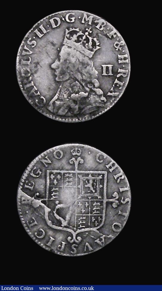 Shilling Charles II Hammered Coinage - Third Issue S.3322 mintmark Crown, 5.76 grammes, VG the reverse slightly better with a large edge crack at 4 o'clock up to the inner circle with loss of flan in this area, Maundy Twopence Charles II ESC 2169, Bull 588 Fine : Hammered Coins : Auction 173 : Lot 1178