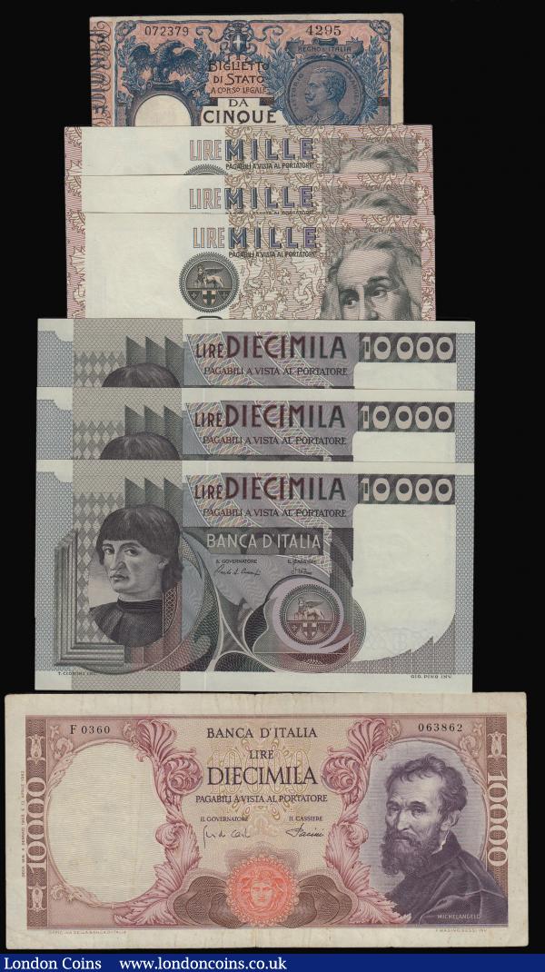Italy 5 Lire Dell'Ara and Porena Pick 23e EF, 10,000 Lire Pick 97d aVF, 10,000 Lire 3.11.1982 Pick 106b (3) all Unc, 1,000 Lire 1982 Pick 109 (3) Unc : World Banknotes : Auction 173 : Lot 169