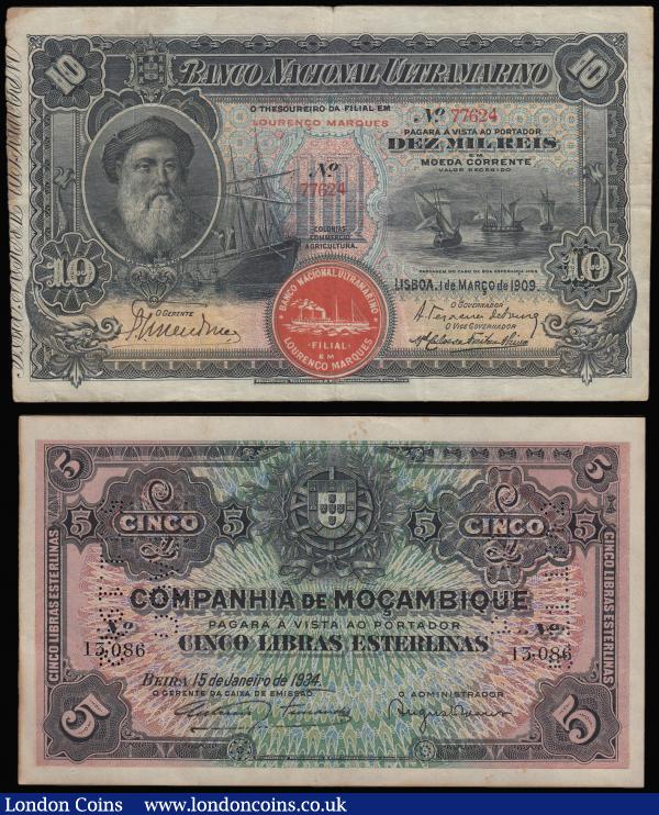 Mozambique (2) 10,000 Ries 1.3.1909 Pick 39 Fine and Companhia De Mozambique 5 Libras Esterlinas VF with two PAGO 5.11.1942 perforated stamps : World Banknotes : Auction 173 : Lot 180