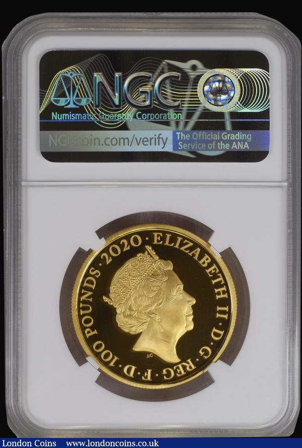 One Hundred Pounds 2020 One Ounce Gold Proof - David Bowie -  British Music Legend. FDC in an NGC holder and graded PF70 Ultra Cameo, comes with the Royal Mint box of issue for the unslabbed coin, with historical booklet and certificate number 256 of just 400 minted. David Bowie originates from South London UK and has sold hundreds of millions of records, his ground breaking Ziggy Stardust Album shot him to fame in the early 1970s, he had the ability to regularly re-invent himself staying at the top of the music professions throughout his life. He was an outstanding collaborator, Ric Wakeman played on his Hunky Dory Album and he has released recordings with other stars ranging from Queen to Bing Crosby : English Cased : Auction 173 : Lot 407