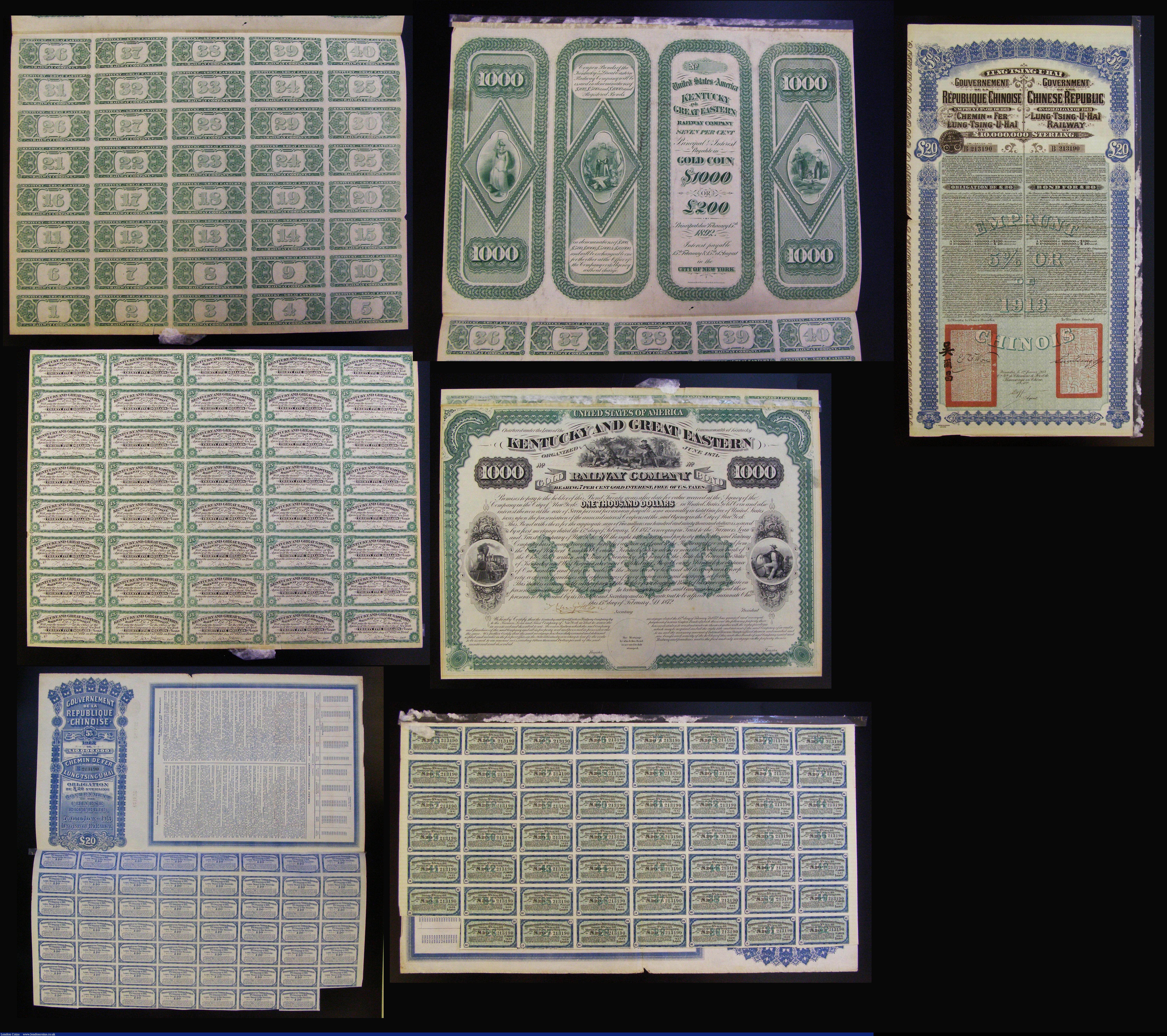 London Coins : A173 : Lot 1 : China (2), Imperial Chinese Government Tientsin-Pukow Railway Loan, Bond for £100, London 1908...