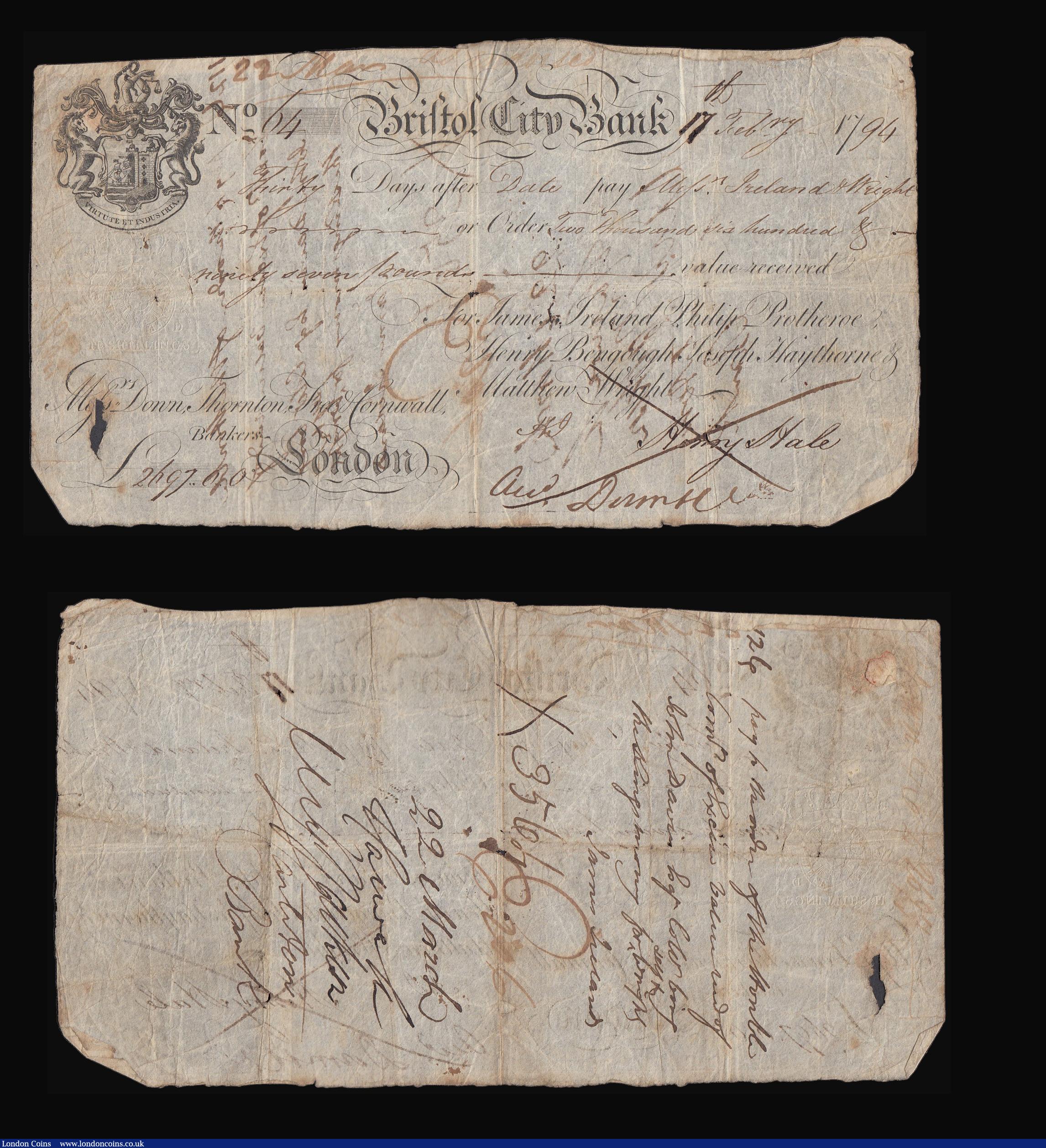 London Coins : A173 : Lot 104 : Cheque/Bill of Exchange Bristol City Bank (James Ireland, Philip Protheroe, Henry Bengrough, Joseph ...