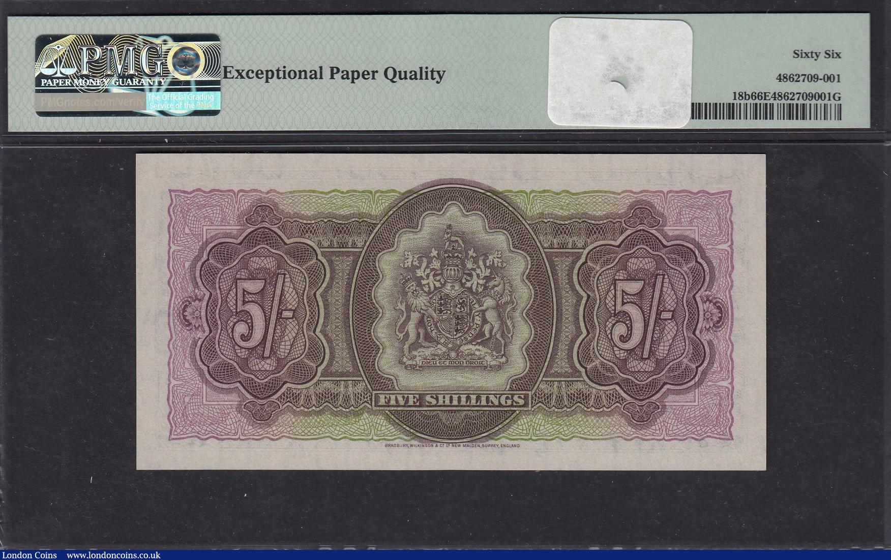 London Coins : A173 : Lot 114 : Bermuda 5 Shillings 1st May 1959, serial number X/1 188886 Pick 18b, PMG 66 EPQ desirable thus