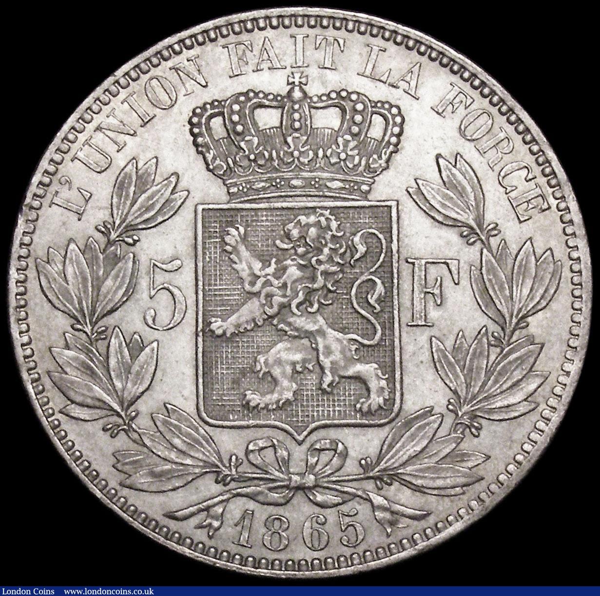 London Coins : A173 : Lot 1227 : Belgium 5 Francs 1865 No dot after F KM#17 AU/GEF and nicely toned
