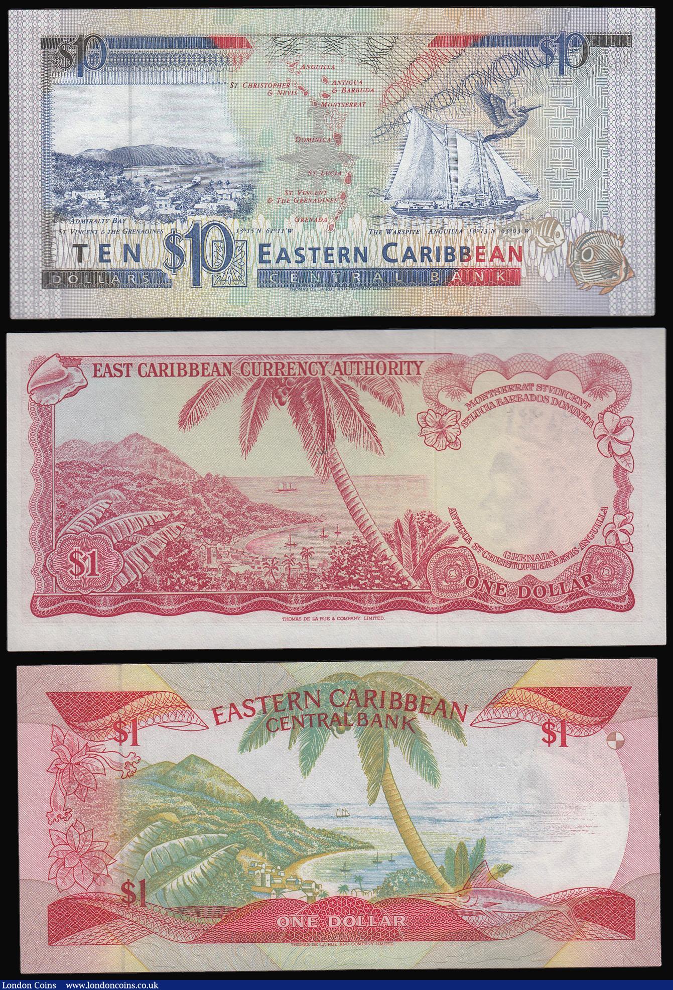 London Coins : A173 : Lot 125 : East Caribbean States (3) Dollar 1965 Pick 13d signatures 5 serial B36 394487, Dollar 1988-89 Pick 2...