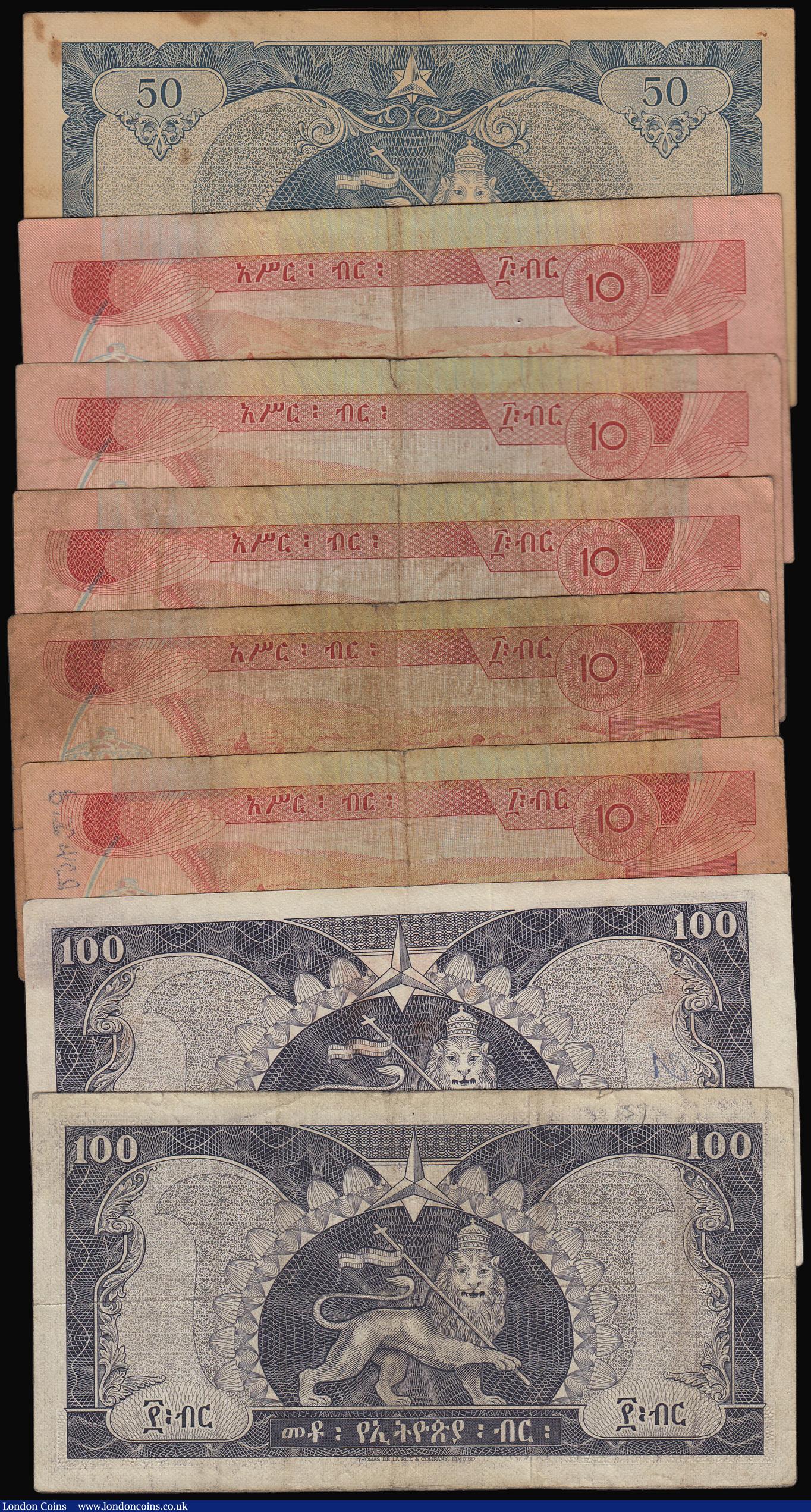 London Coins : A173 : Lot 137 : Ethiopia (8) Fifty Dollars (1966) P28 Fine, 100 Dollars (1966) Pick 29 (2) one VF the other better, ...