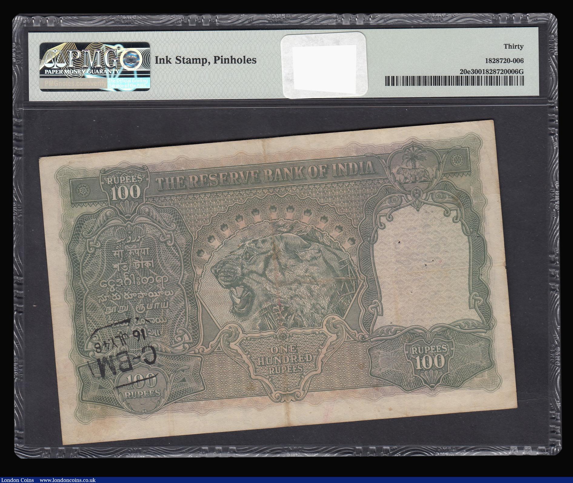 London Coins : A173 : Lot 149 : India 100 rupees KGVI issued 1943 series A/77 967188, Calcutta branch, signed Deshmukh, Pick20e, PMG...