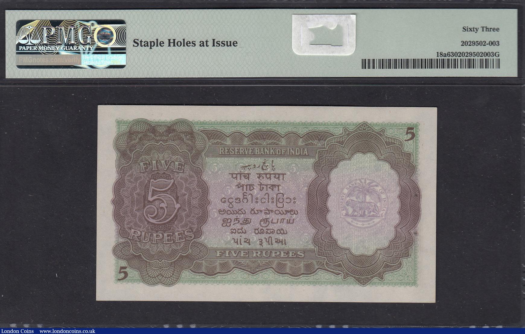 London Coins : A173 : Lot 151 : India 5 Rupees George VI ND(1937)  serial J/33 529666 Pick 18a PMG 63 Choice Uncirculated, (staple h...