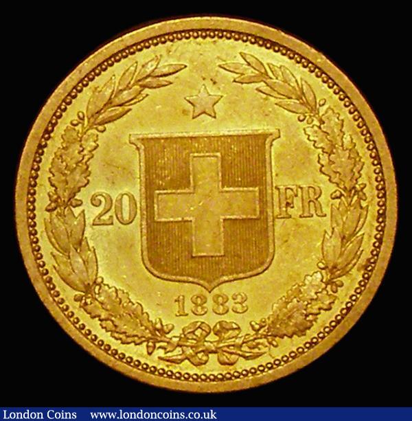 Switzerland 20 Francs Gold 1883 KM#31.1 the first year of the Gold 20 Francs minted, a one-year type with a milled edge, subsequent issues have a lettered edge  : World Coins : Auction 173 : Lot 1553
