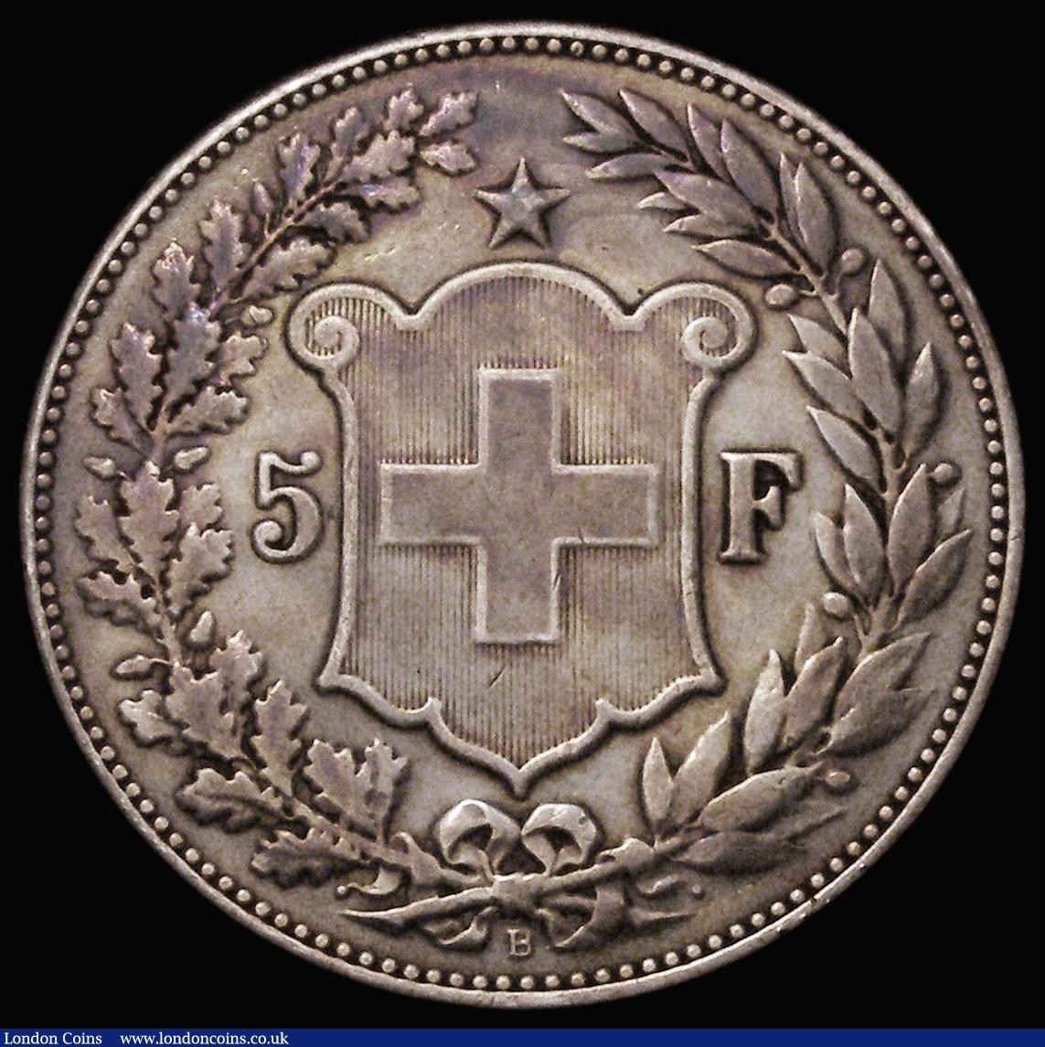 London Coins : A173 : Lot 1554 : Switzerland 5 Francs 1892B KM#34 Fine/Good Fine, Ex-Jewellery, cleaned
