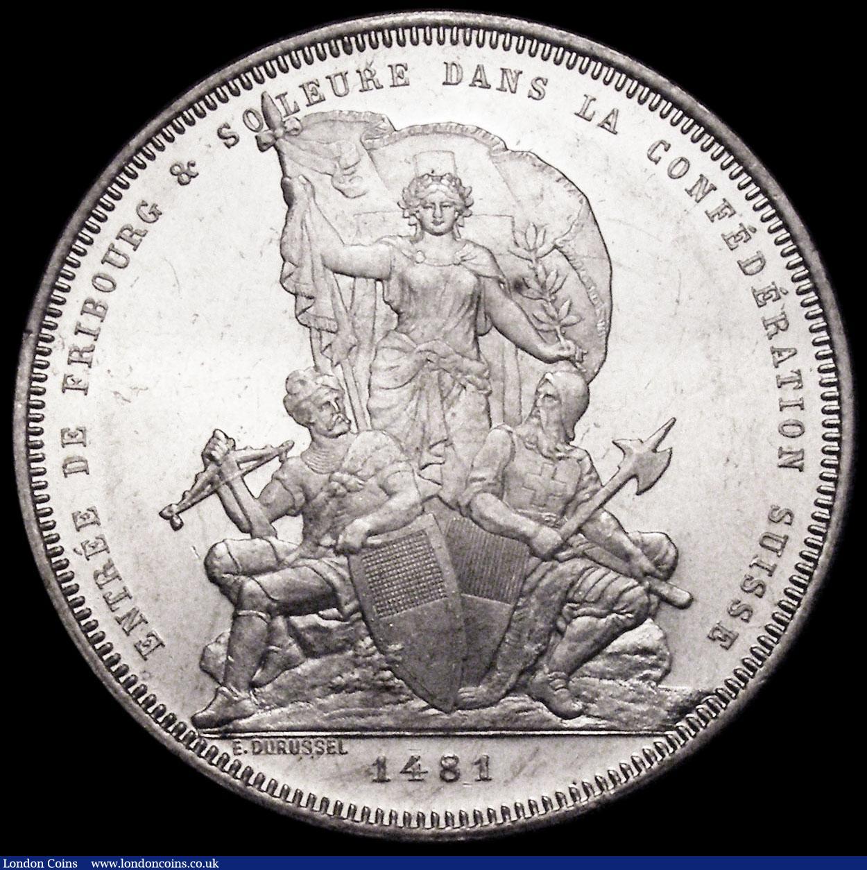 London Coins : A173 : Lot 1555 : Switzerland 5 Francs Shooting Thaler 1881 Fribourg X#S15 UNC and lustrous with some contact marks
