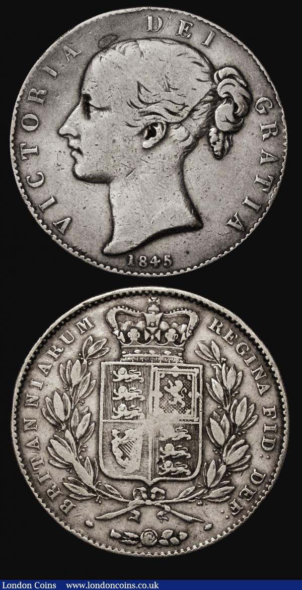 Crowns (2) 1844 Star Stops on edge ESC 280, Bull 2561 VG/Near Fine, once cleaned, 1845 Cinquefoil Stops on edge ESC 282, 2564, VG, the reverse slightly better : English Coins : Auction 173 : Lot 1639
