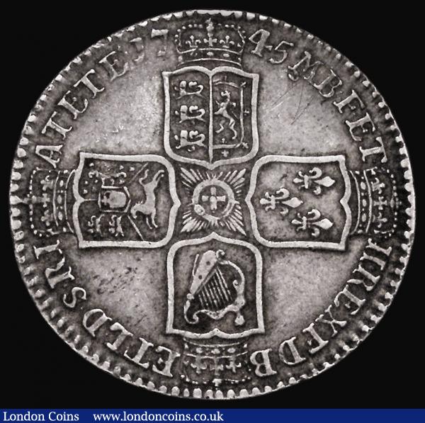 Halfcrown 1745 LIMA ESC 605, Bull 1687 Good Fine, the reverse slightly better, with some thin scratches in the second angle on the reverse : English Coins : Auction 173 : Lot 1859