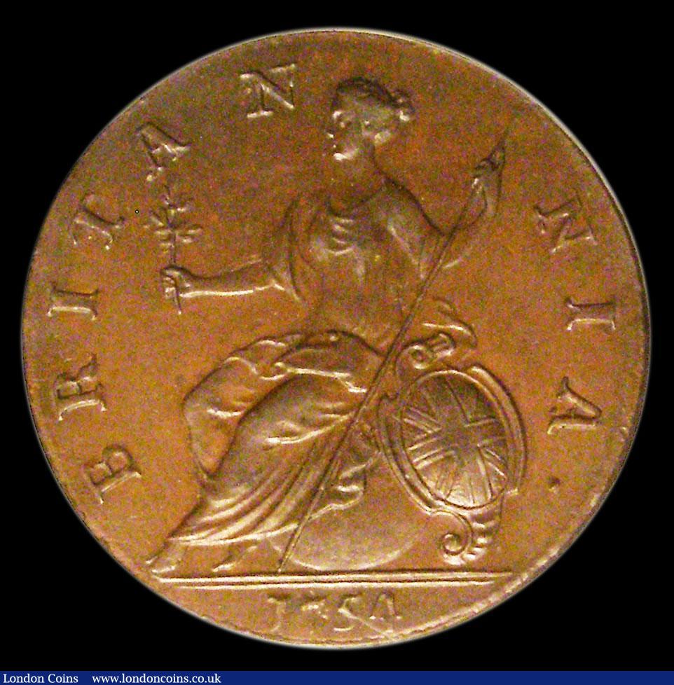 London Coins : A173 : Lot 1941 : Halfpenny 1754 Peck 884 UNC or near so, in an LCGS holder and graded LCGS 75, Ex-Andrew Wayne collec...