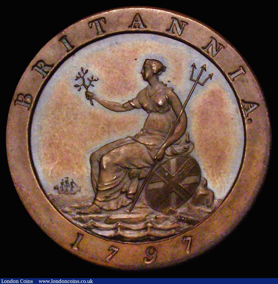 London Coins : A173 : Lot 1947 : Halfpenny 1797 Pattern in Bronzed Copper Peck 1153 KH6 nFDC toned, with traces of lustre, the revers...
