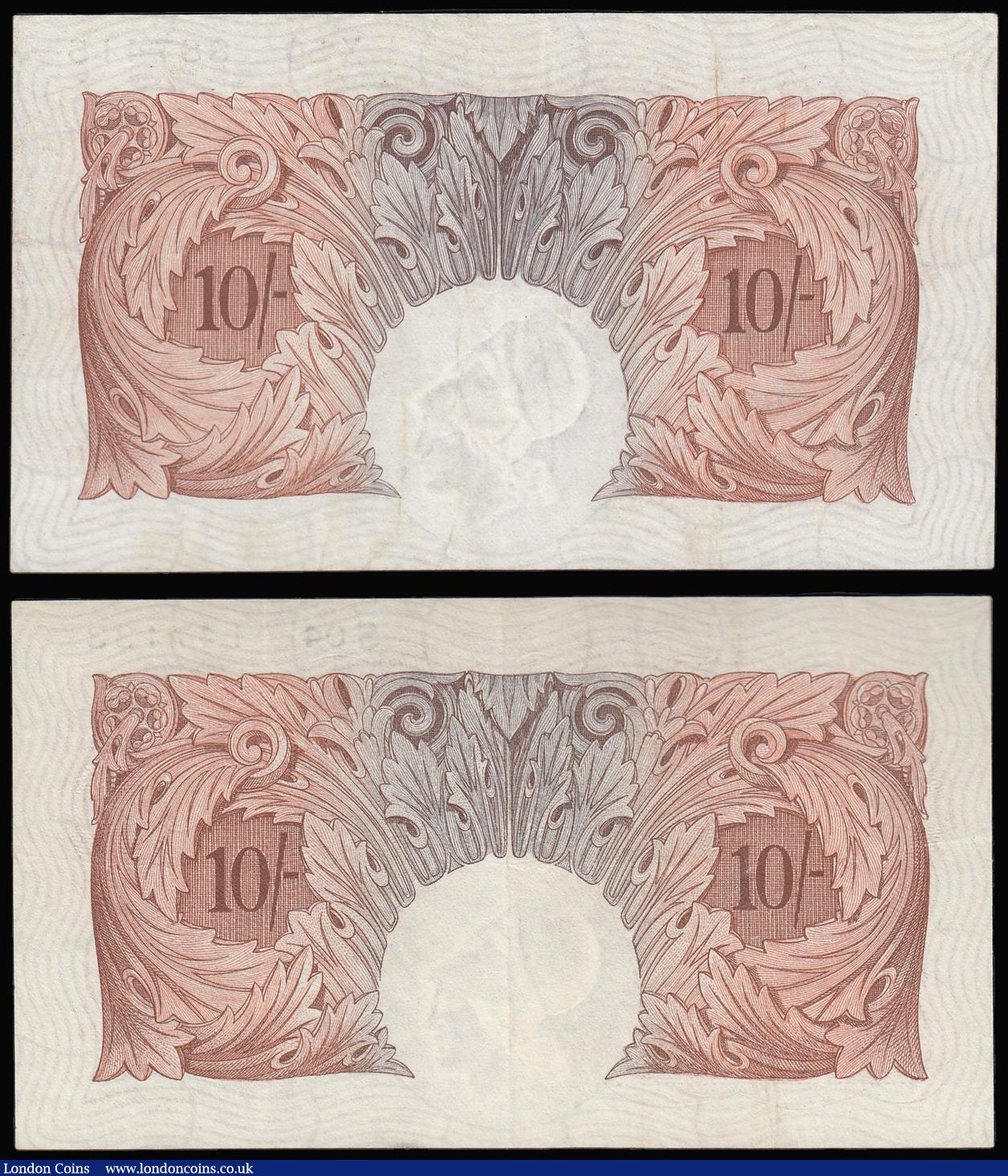 London Coins : A173 : Lot 25 : Ten shillings (2) Mahon B210 issued 1928 prefix X48 serial no X50 887415, and Catterns B223  serial ...