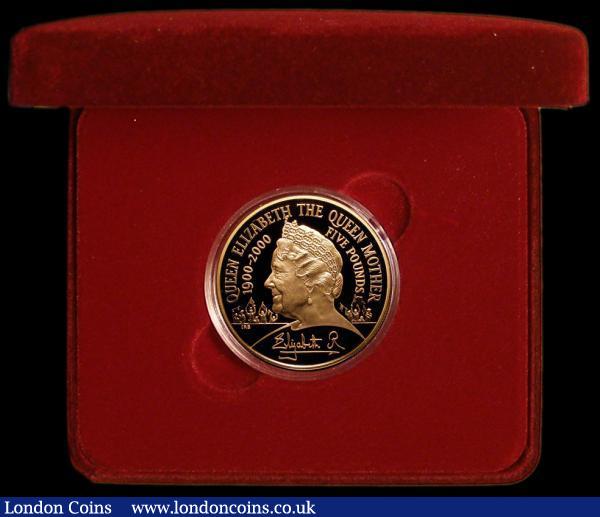 Five Pound Crown 2002 Queen Mother Memorial Gold Proof S.L11 nFDC with light handling marks, in the Royal Mint box of issue with certificate : English Cased : Auction 173 : Lot 326