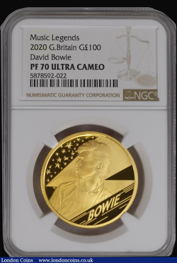 One Hundred Pounds 2020 One Ounce Gold Proof - David Bowie -  British Music Legend. FDC in an NGC holder and graded PF70 Ultra Cameo, comes with the Royal Mint box of issue for the unslabbed coin, with historical booklet and certificate number 256 of just 400 minted. David Bowie originates from South London UK and has sold hundreds of millions of records, his ground breaking Ziggy Stardust Album shot him to fame in the early 1970s, he had the ability to regularly re-invent himself staying at the top of the music professions throughout his life. He was an outstanding collaborator, Ric Wakeman played on his Hunky Dory Album and he has released recordings with other stars ranging from Queen to Bing Crosby : English Cased : Auction 173 : Lot 407