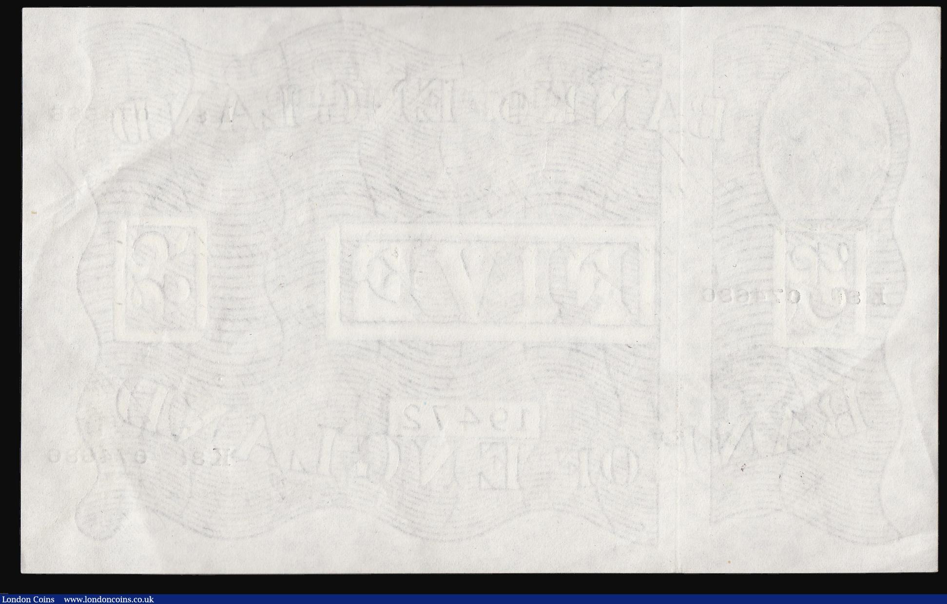 London Coins : A173 : Lot 45 : Five Pounds Peppiatt White Note thick paper B255 dated 19th November 1945 K81 074686, GVF looks bett...