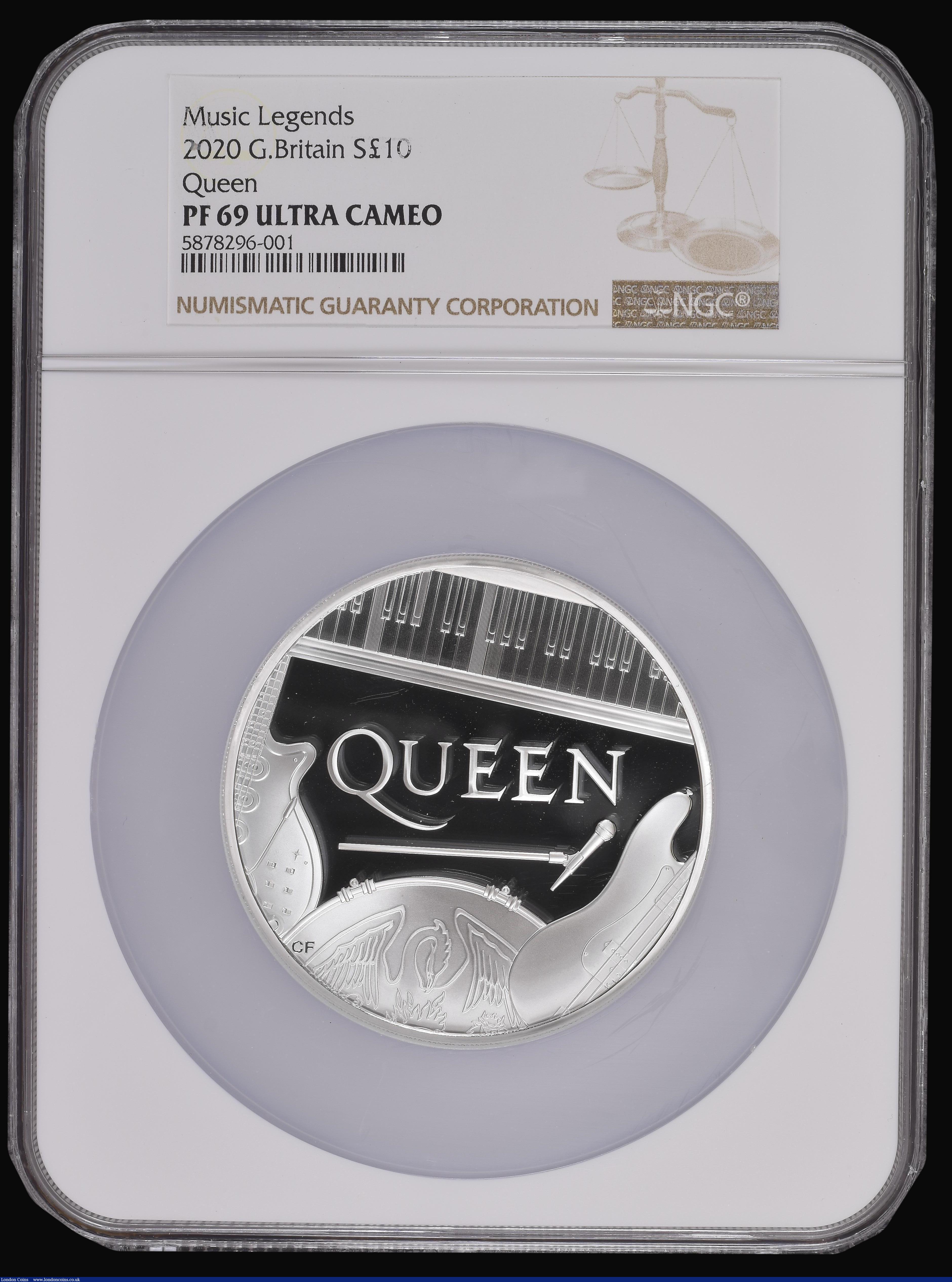 London Coins : A173 : Lot 510 : Ten Pounds 2020 Queen - British Music Legends 5oz. Silver Proof. Formed in London in the early 1970s...